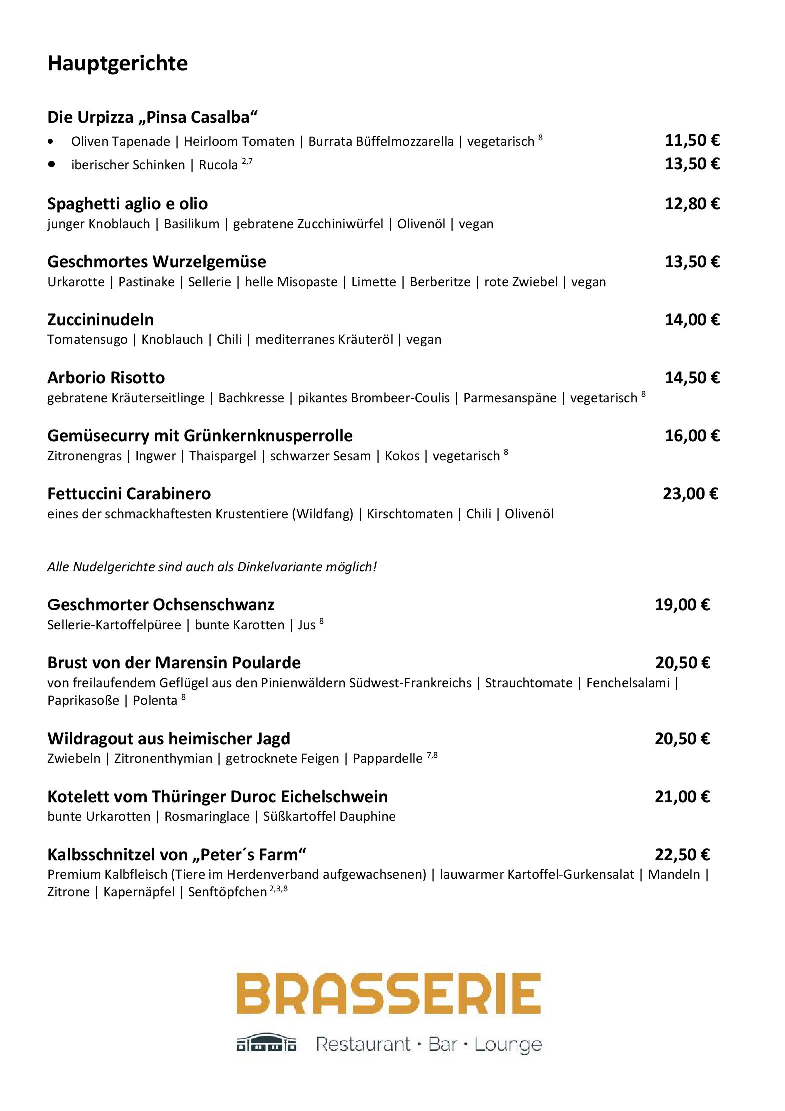 Speisekarte BRASSERIE: Restaurant - Bar - Lounge an der Alten Mälzerei in Mosbach, Seite 2