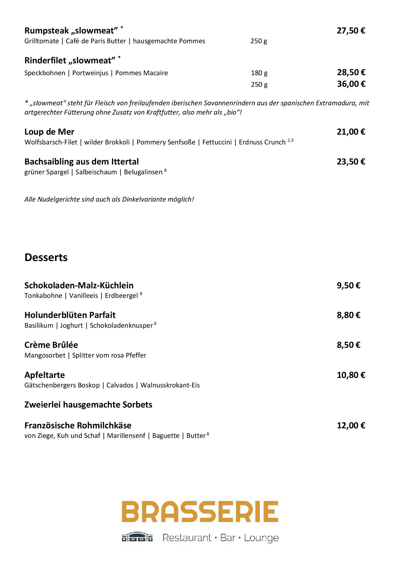 Speisekarte BRASSERIE: Restaurant - Bar - Lounge an der Alten Mälzerei in Mosbach, Seite 3