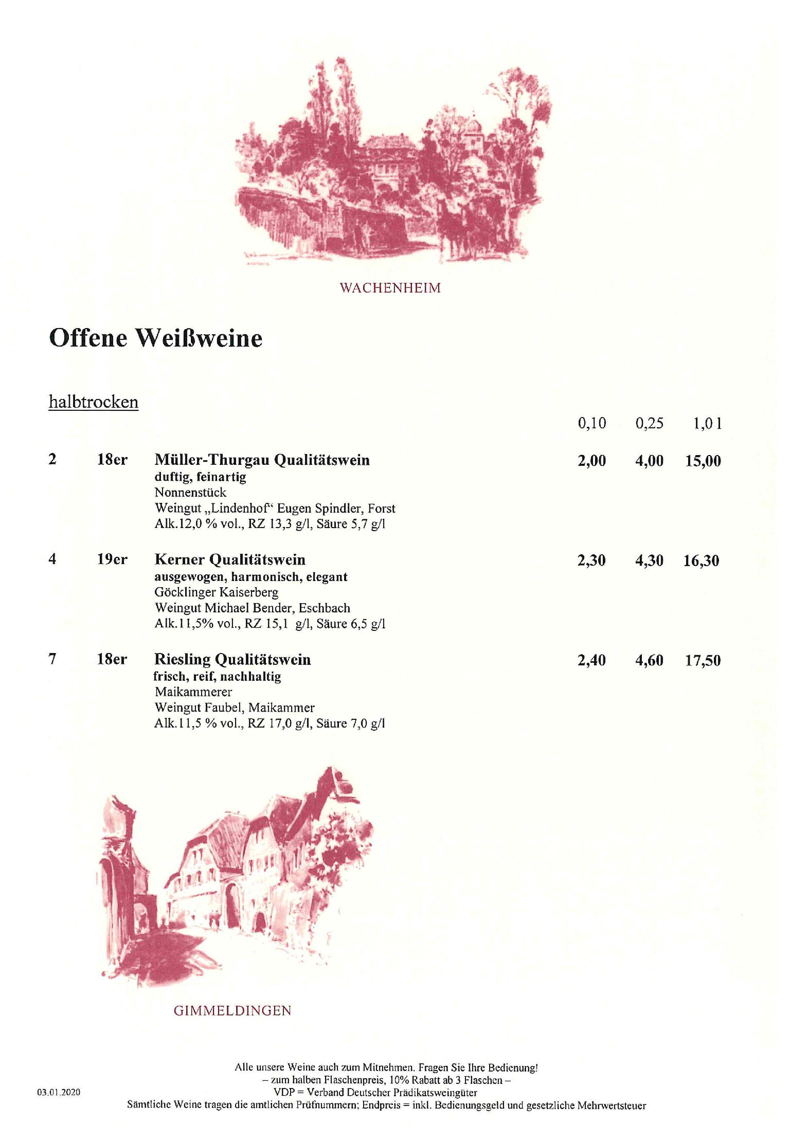Speisekarte Pfälzer Residenz Weinstube in München, Seite 2