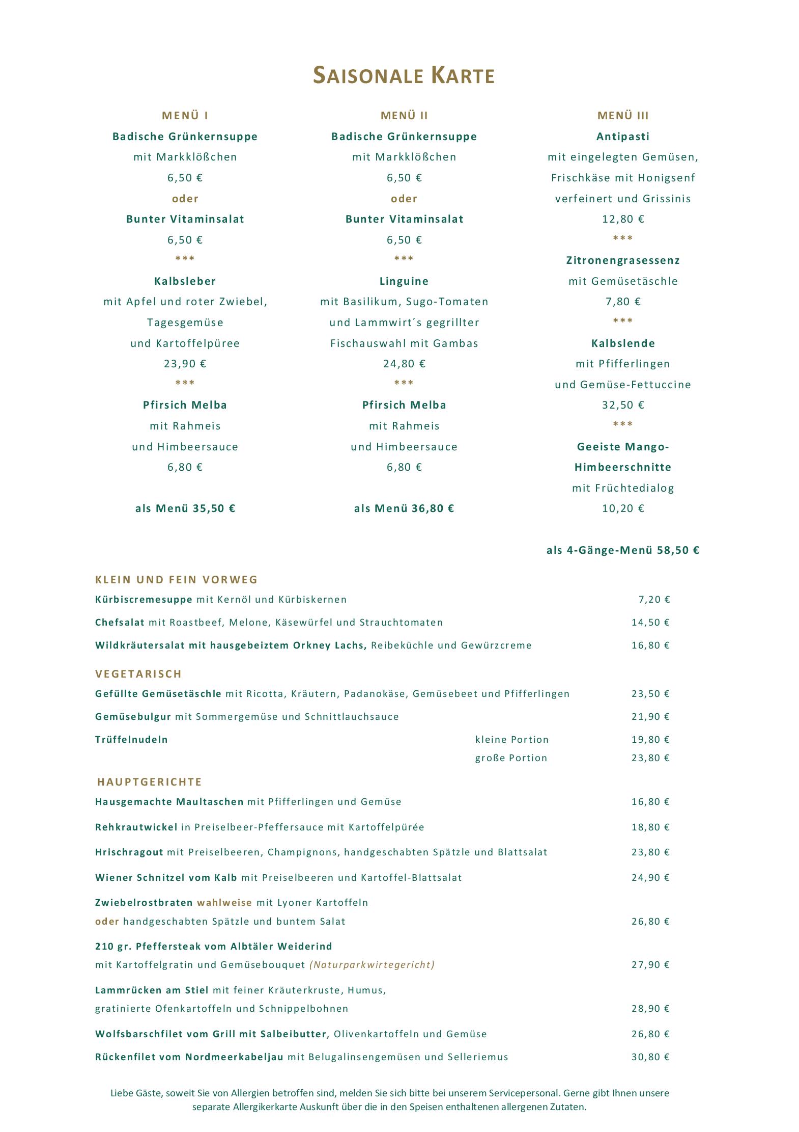 Speisekarte Hotel Restaurant Vinothek LAMM in Bad Herrenalb, Seite 1
