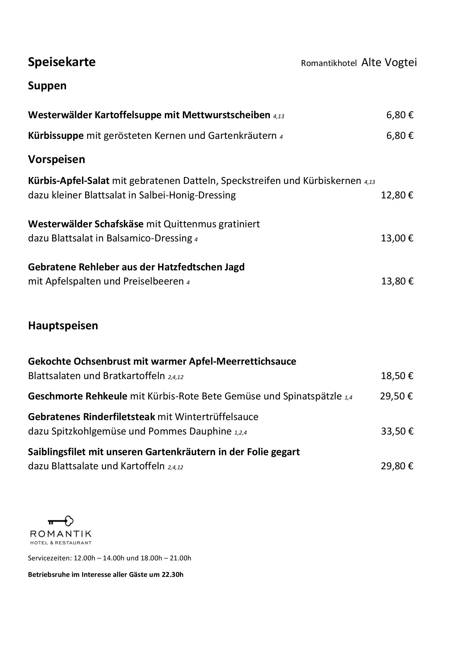 Speisekarte Alte Vogtei in Hamm, Seite 1