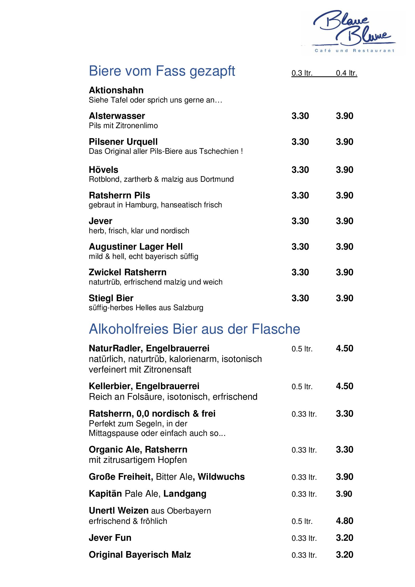 Speisekarte Blaue Blume in Hamburg, Seite 1