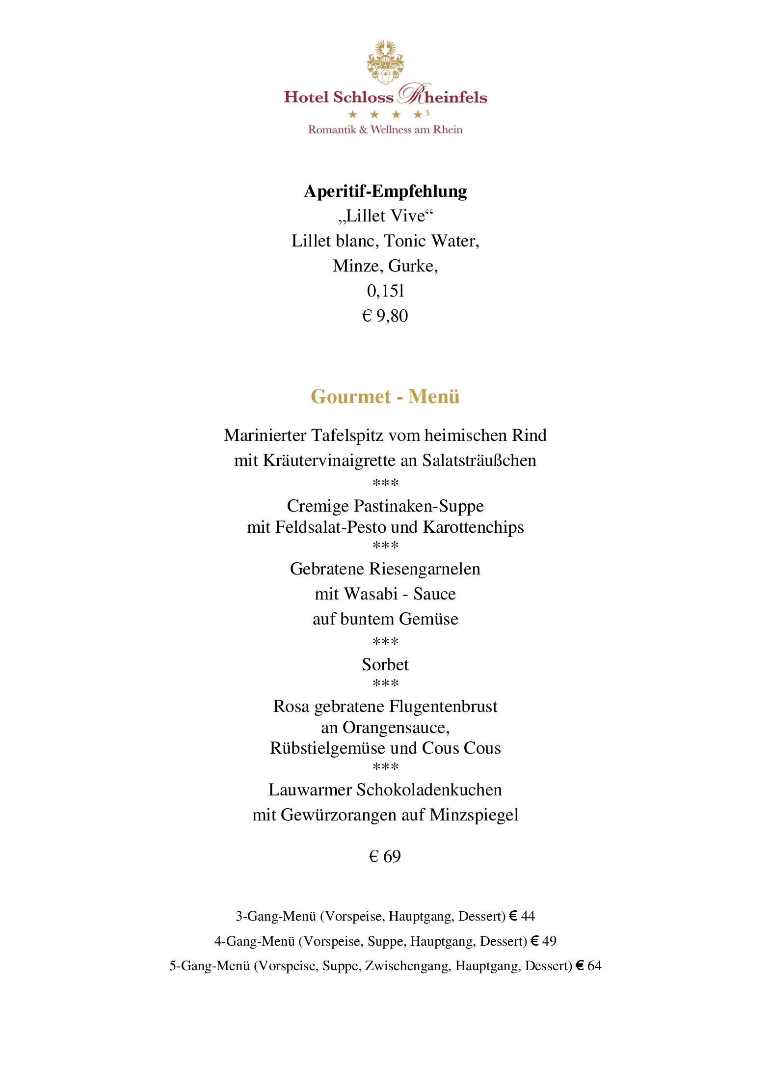 Speisekarte Hotel Schloss Rheinfels - Restaurant Auf Scharffeneck in Sankt Goar, Seite 1