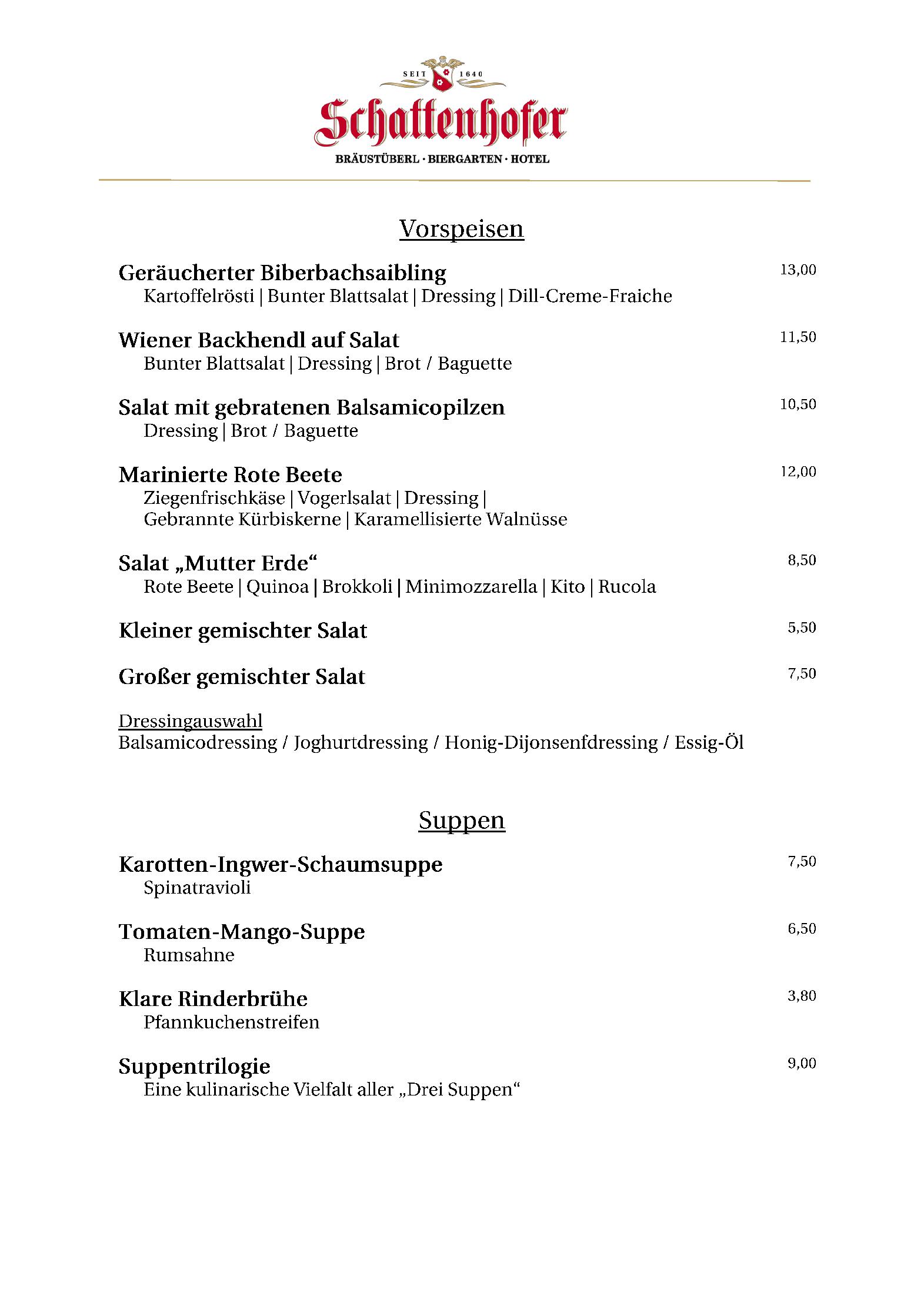 Speisekarte Bräustüberl  Biergarten Hotel Schattenhofer in Beilngries, Seite 1
