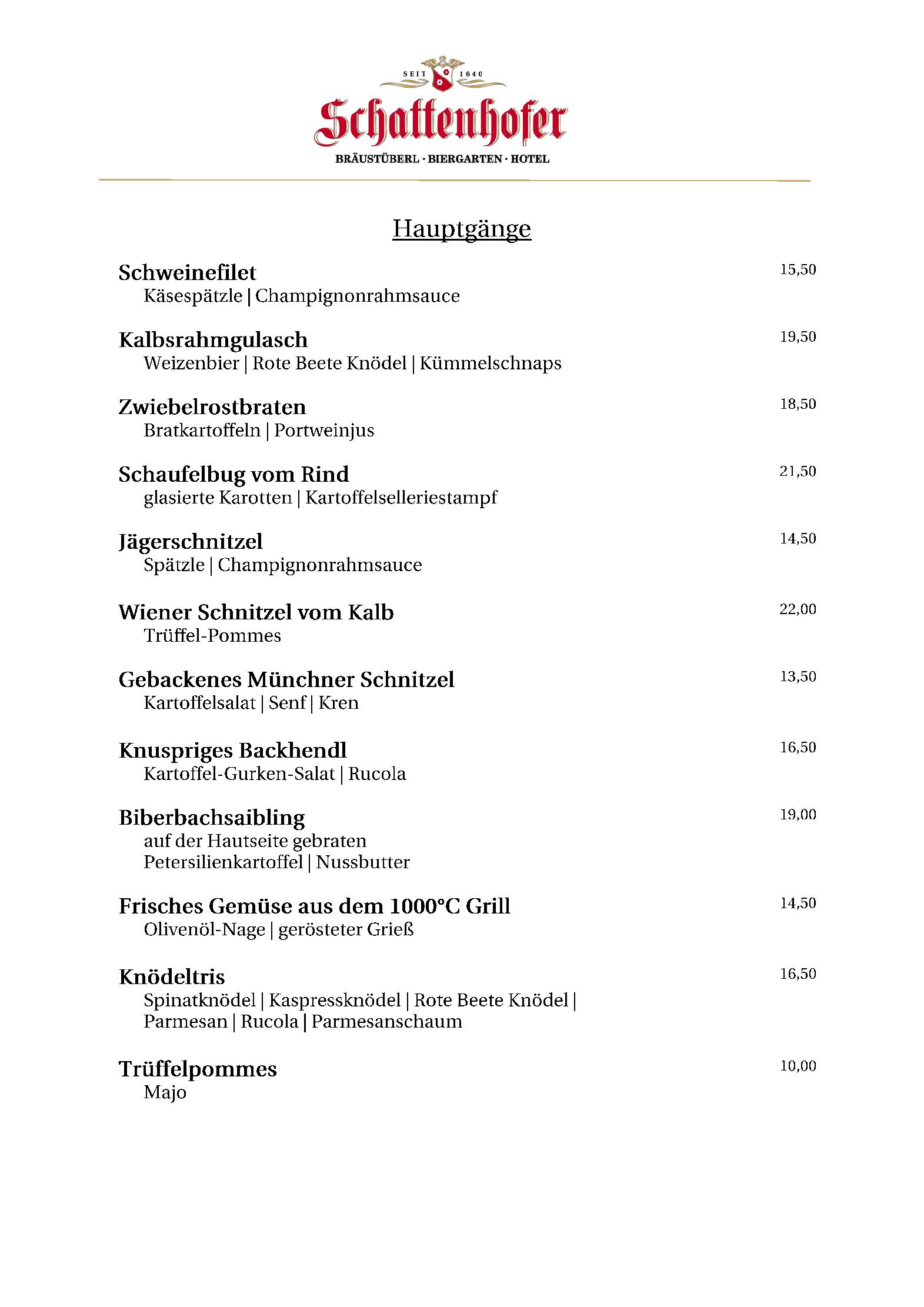 Speisekarte Bräustüberl  Biergarten Hotel Schattenhofer in Beilngries, Seite 2