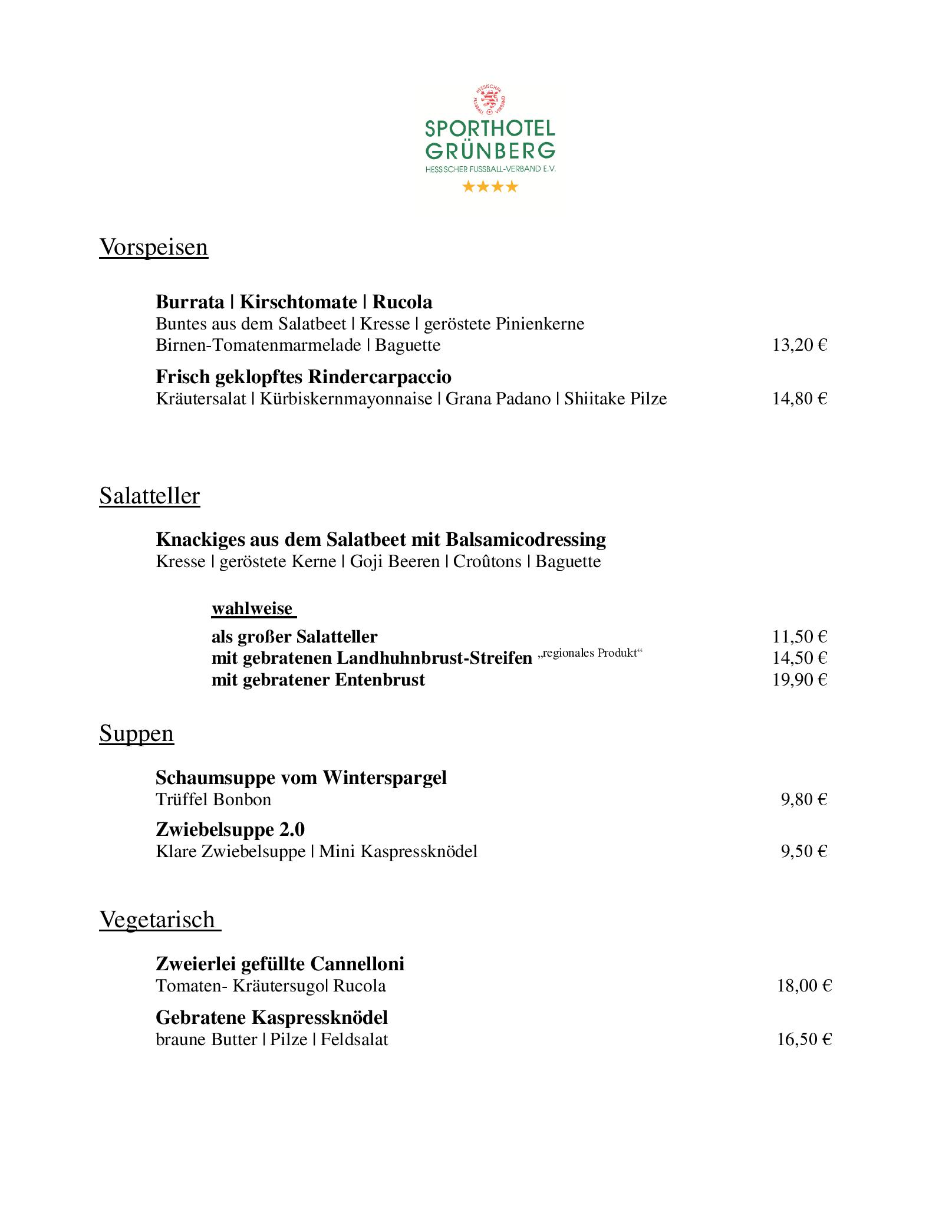 Speisekarte Sporthotel - Grünberg in Grünberg, Seite 1