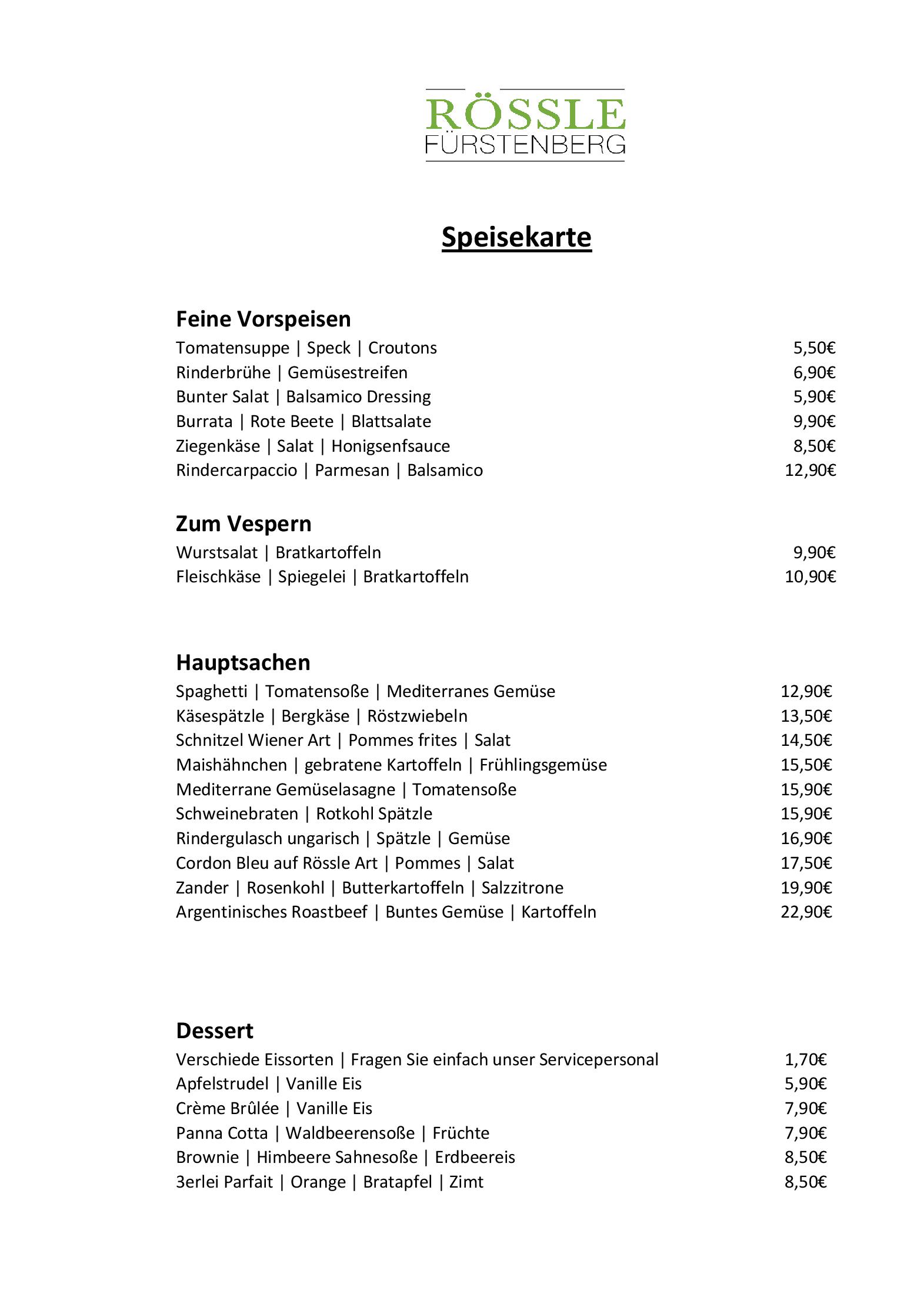 Speisekarte Hotel Gasthof zum Rössle in Hüfingen, Seite 1
