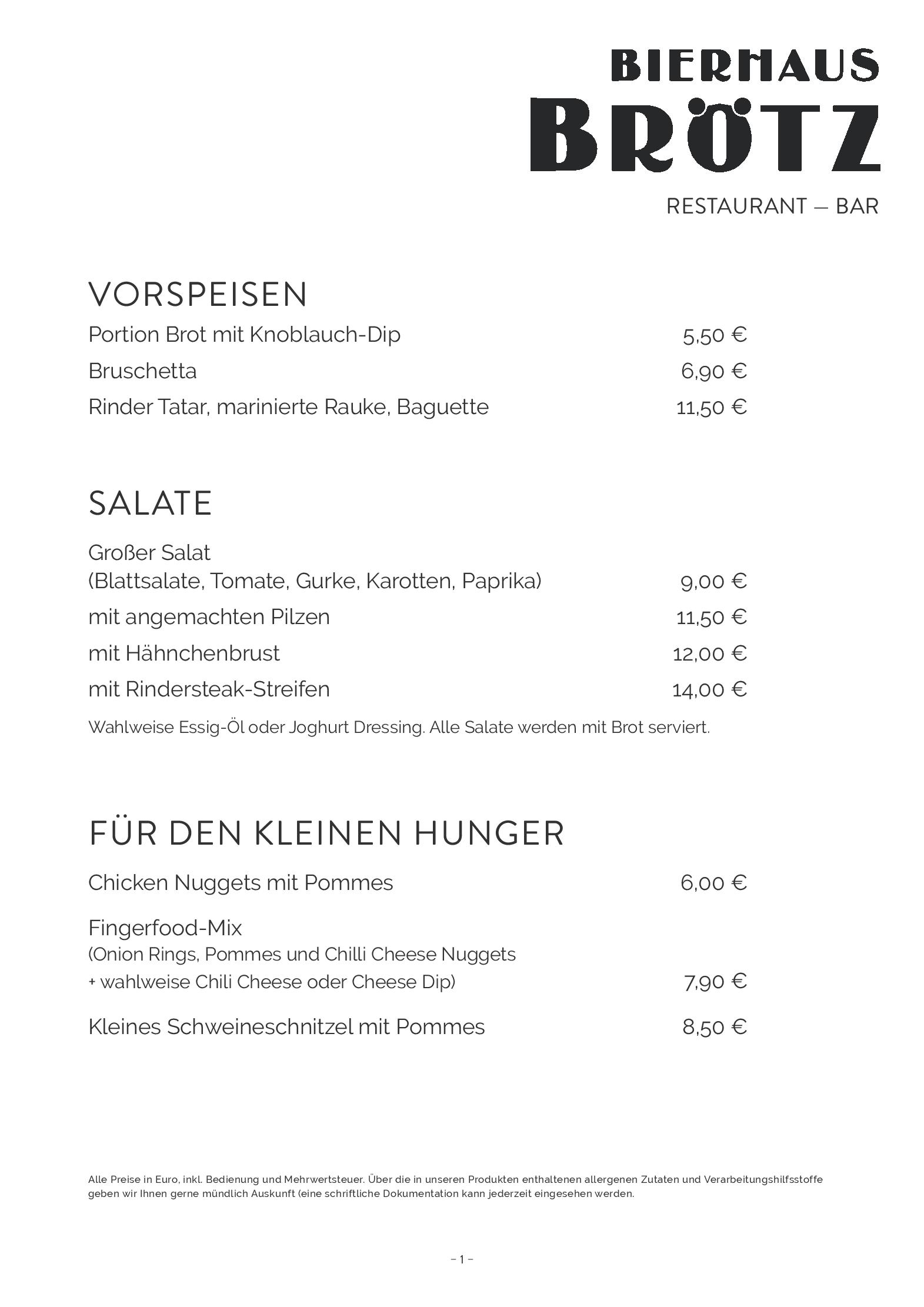 Speisekarte Bierhaus Brötz in Mayen, Seite 1