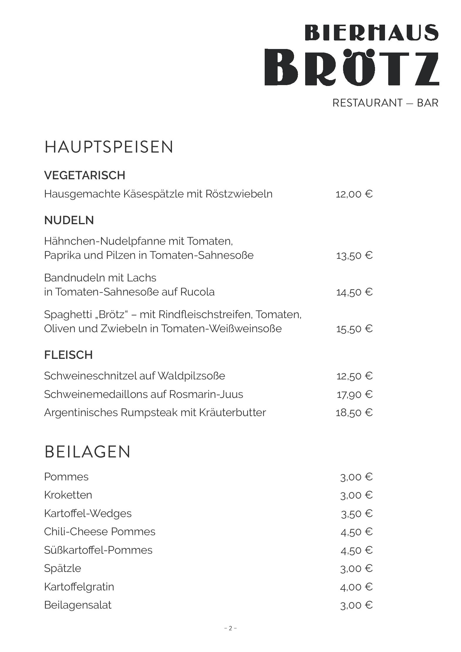 Speisekarte Bierhaus Brötz in Mayen, Seite 2