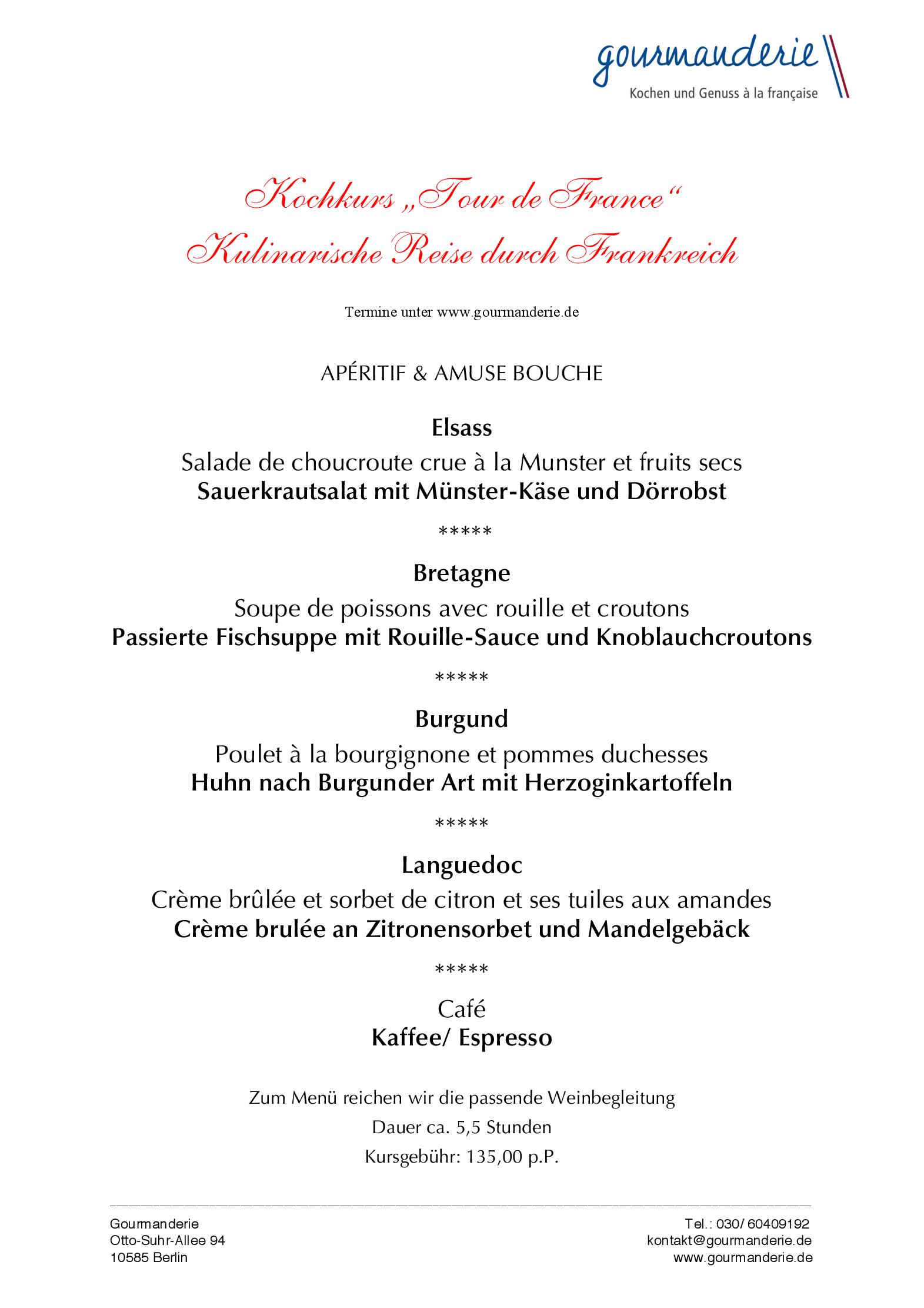 Speisekarte Gourmanderie - Kochschule und Eventlocation in Berlin, Seite 1