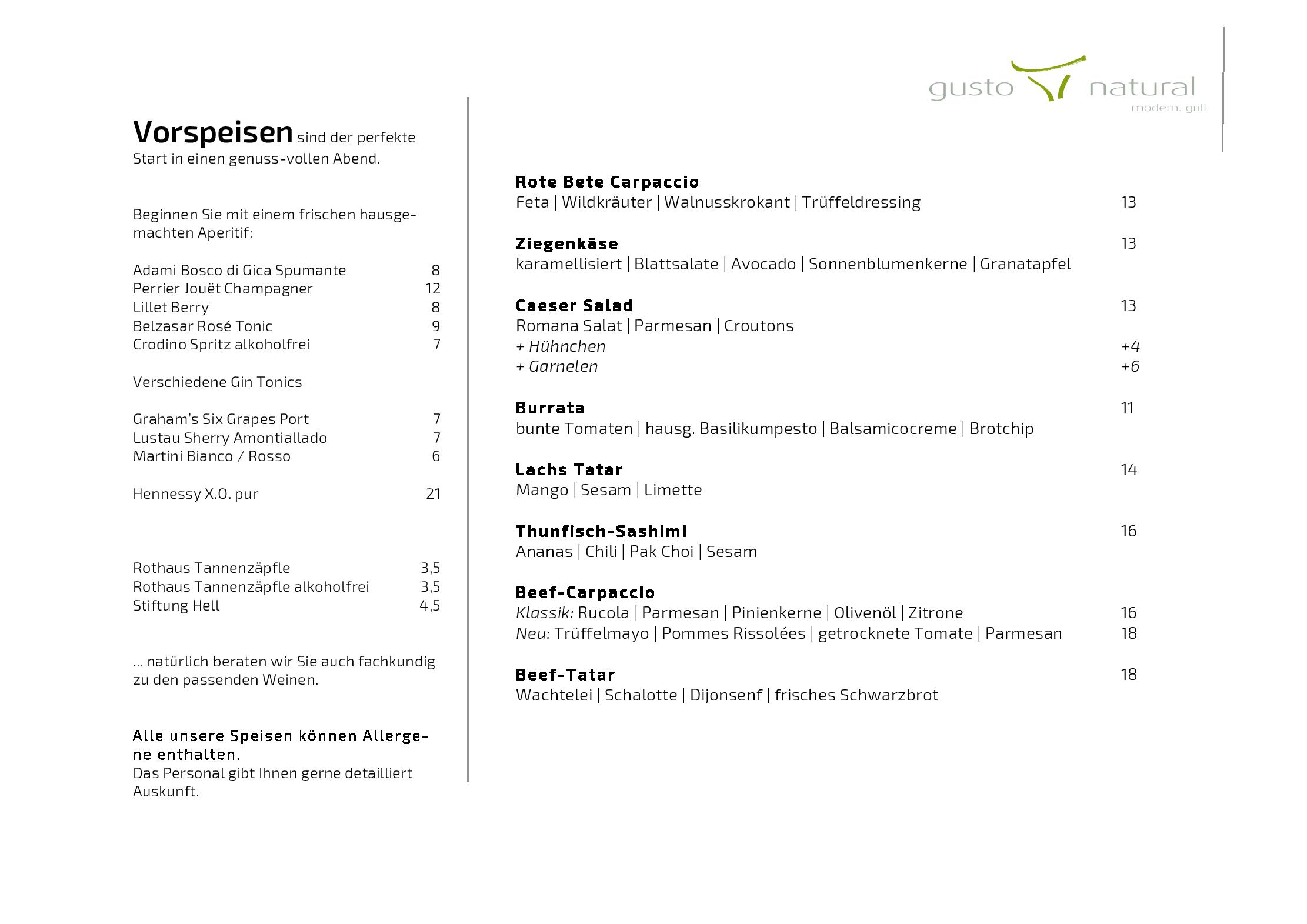 Speisekarte Gusto Natural modern. grill. in Nürnberg, Seite 1