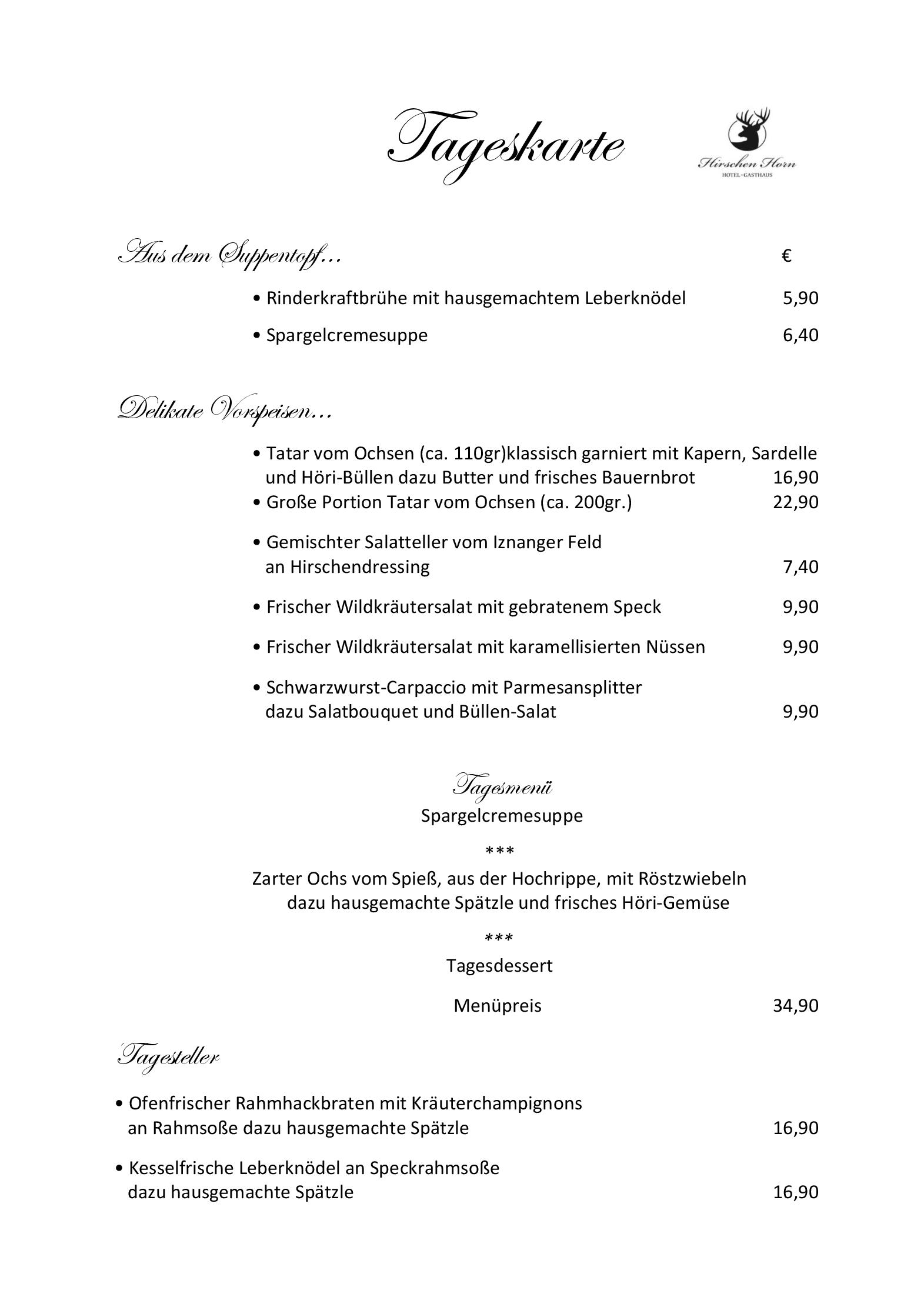 Speisekarte Hotel Gasthaus Hirschen in Gaienhofen, Seite 1