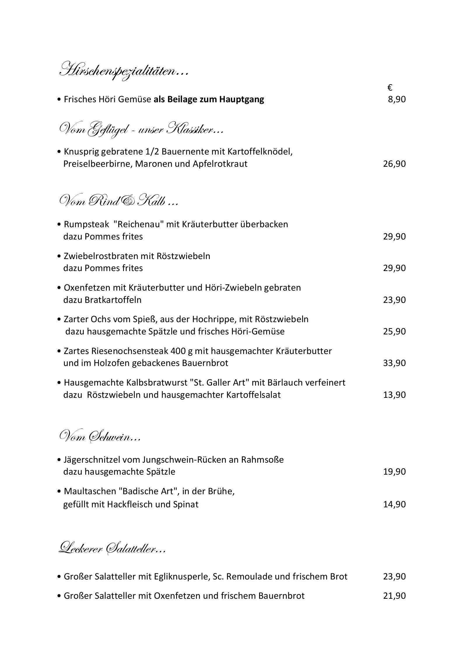 Speisekarte Hotel Gasthaus Hirschen in Gaienhofen, Seite 2
