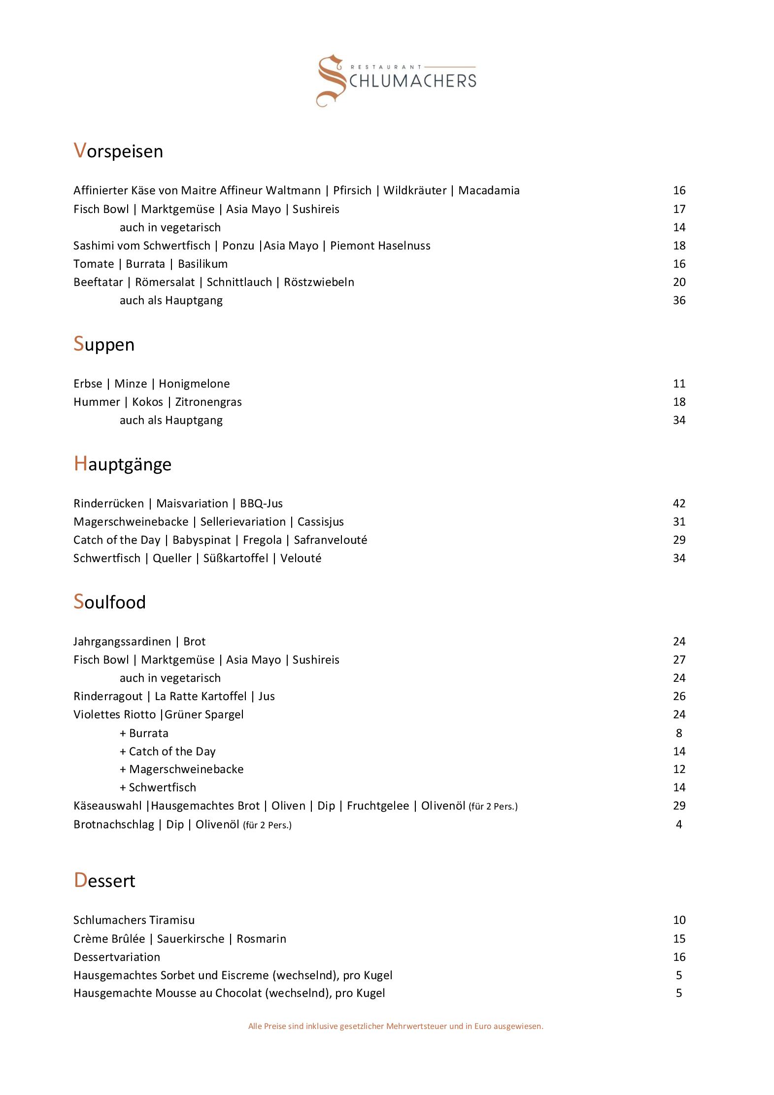 Speisekarte Restaurant Schlumachers in Lübeck, Seite 1