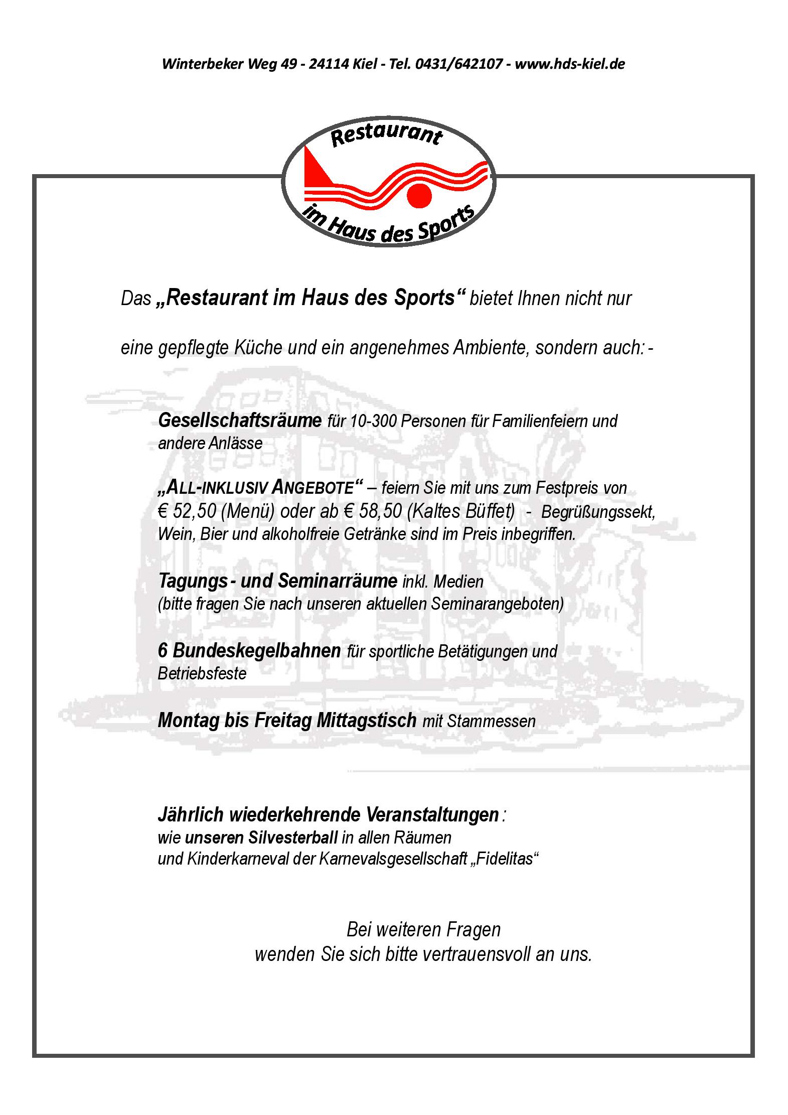Speisekarte Haus des Sports in Kiel, Seite 1
