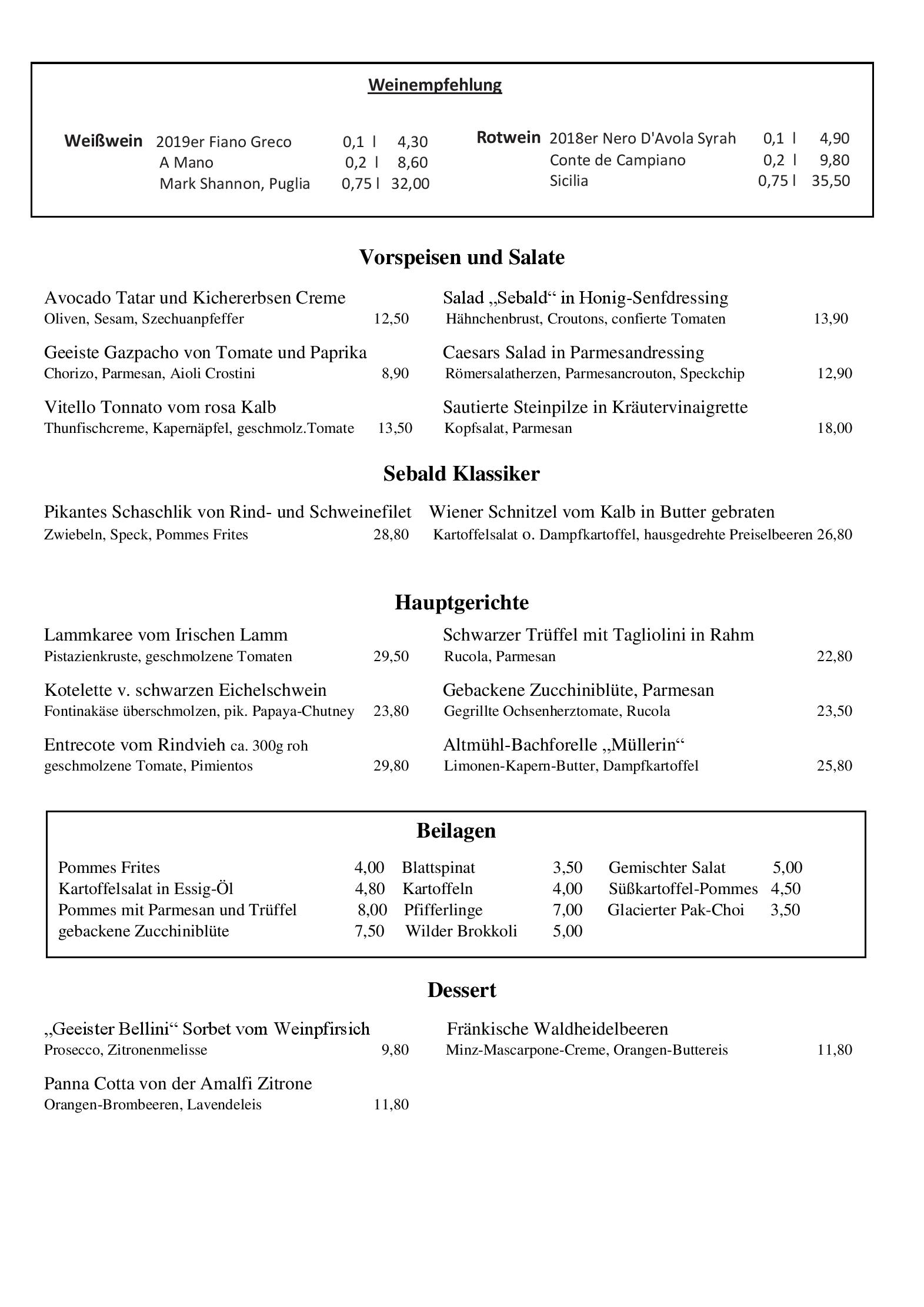 Speisekarte Sebald in Nürnberg, Seite 2