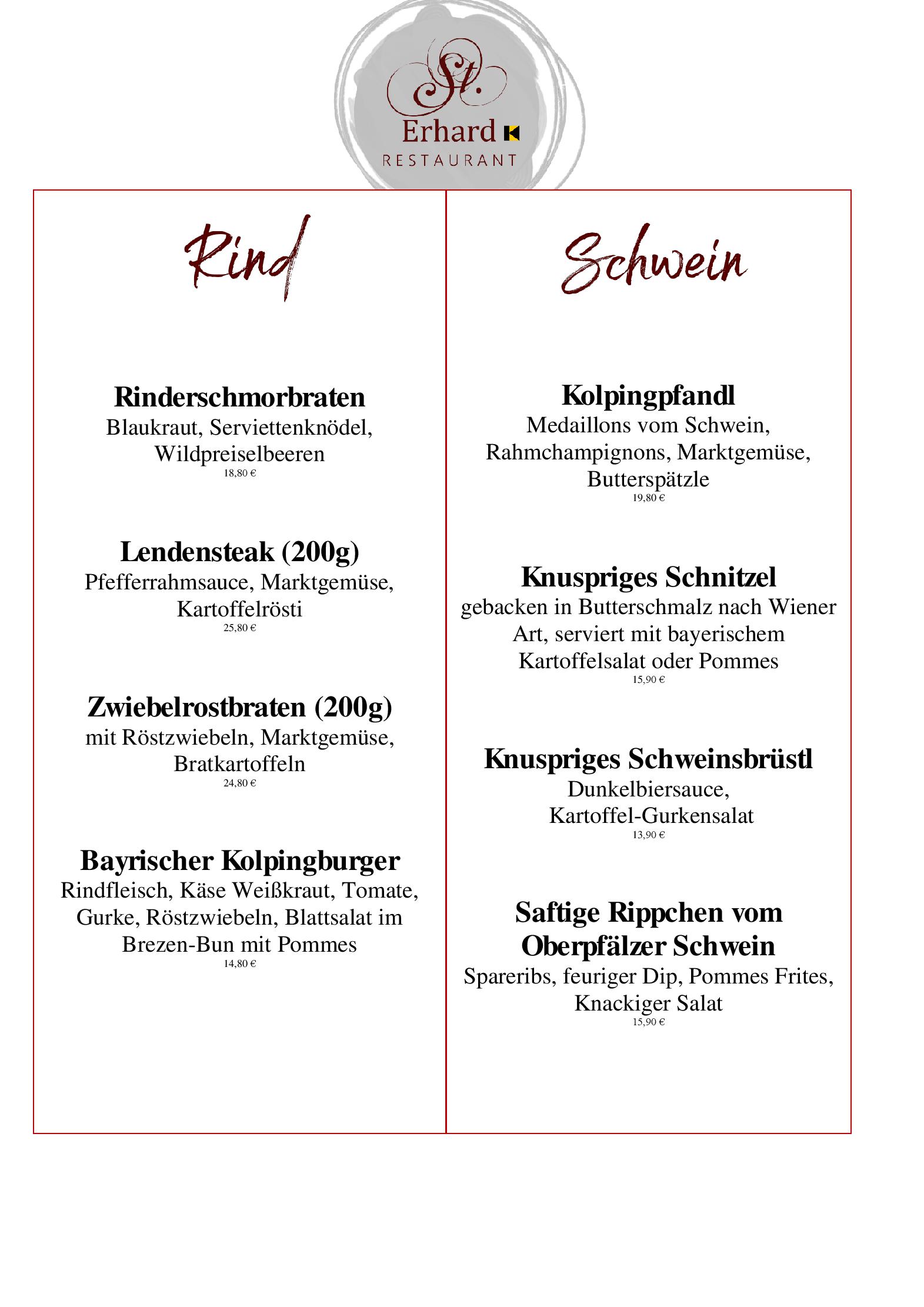 Speisekarte Restaurant St. Erhard im Kolpinghaus in Regensburg, Seite 2