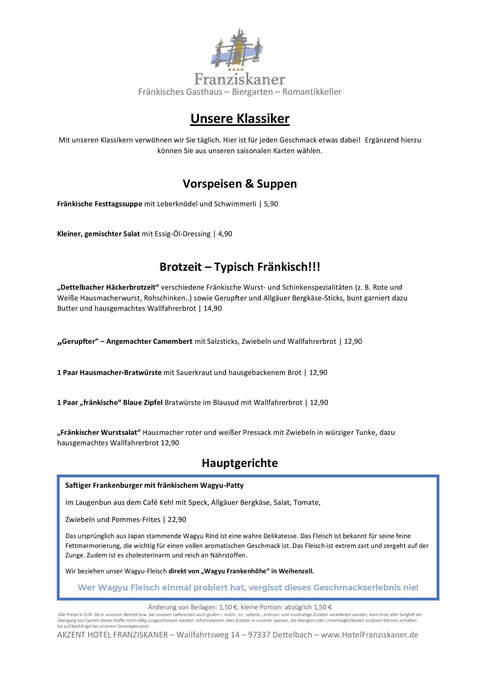 Speisekarte Akzent Hotel Franziskaner in Dettelbach, Seite 1