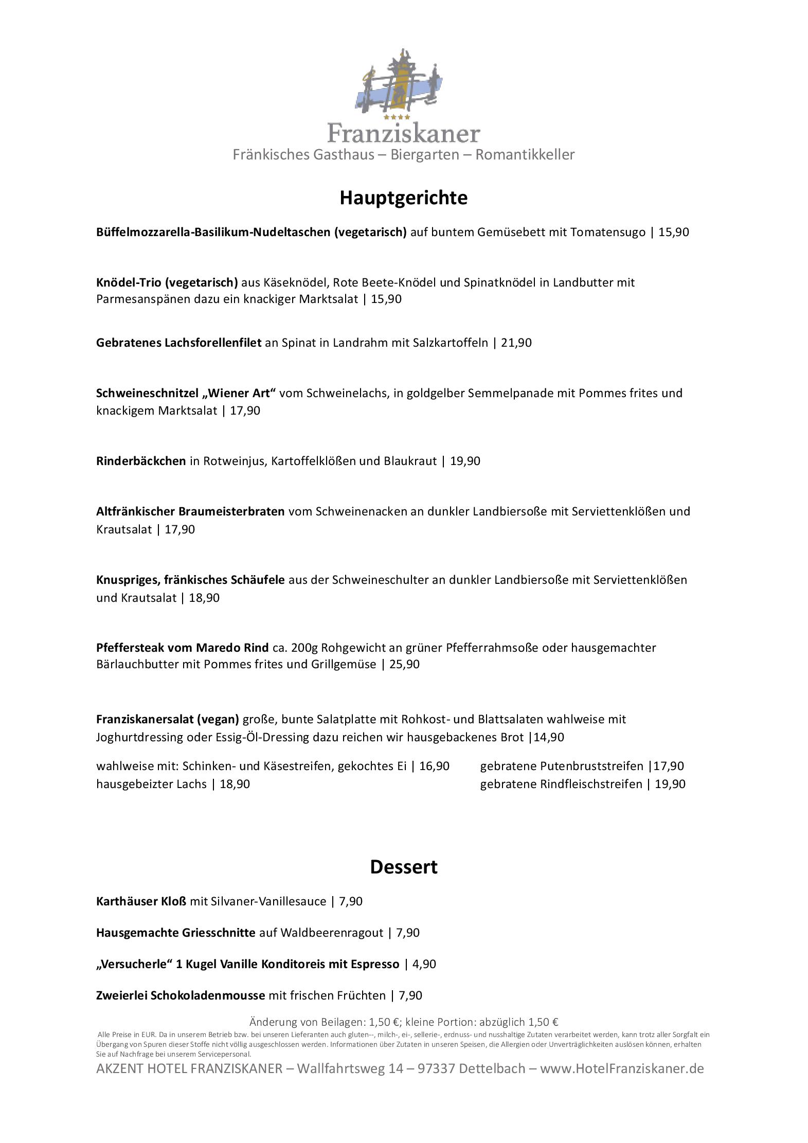 Speisekarte Akzent Hotel Franziskaner in Dettelbach, Seite 2