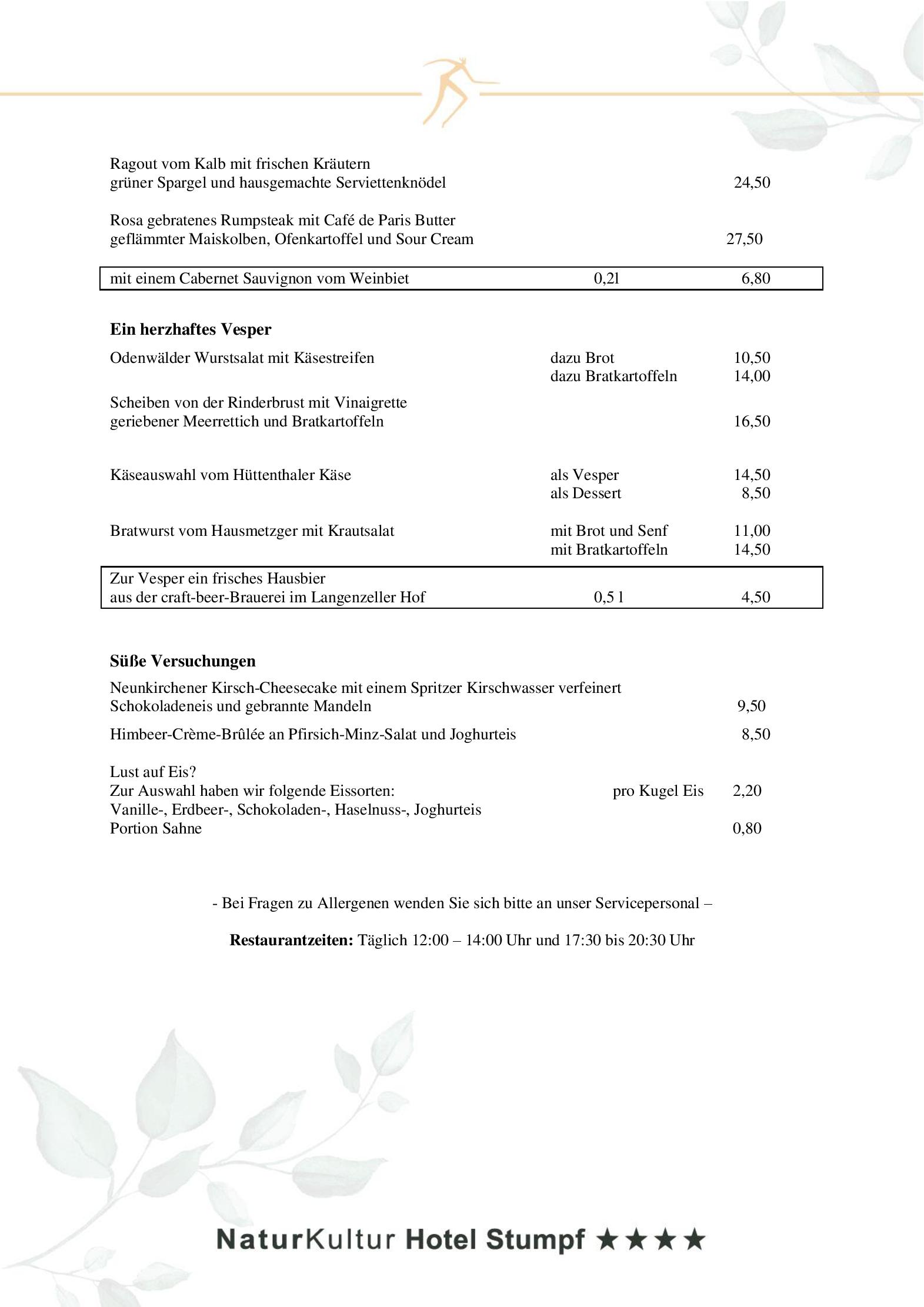 Speisekarte NaturKulturHotel Stumpf in Neunkirchen, Seite 3