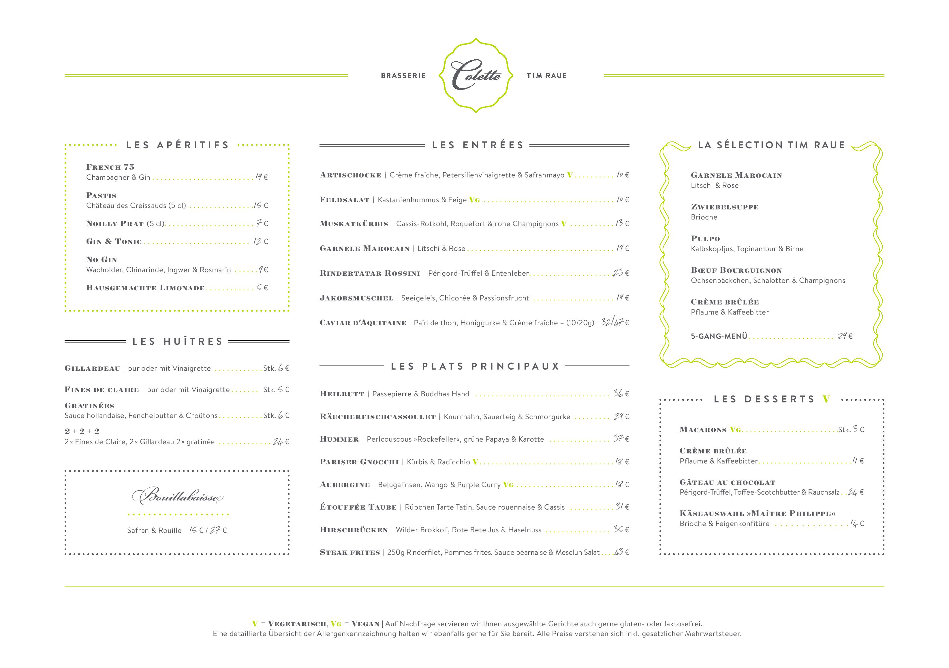 Speisekarte Brasserie Colette Tim Raue in München, Seite 1