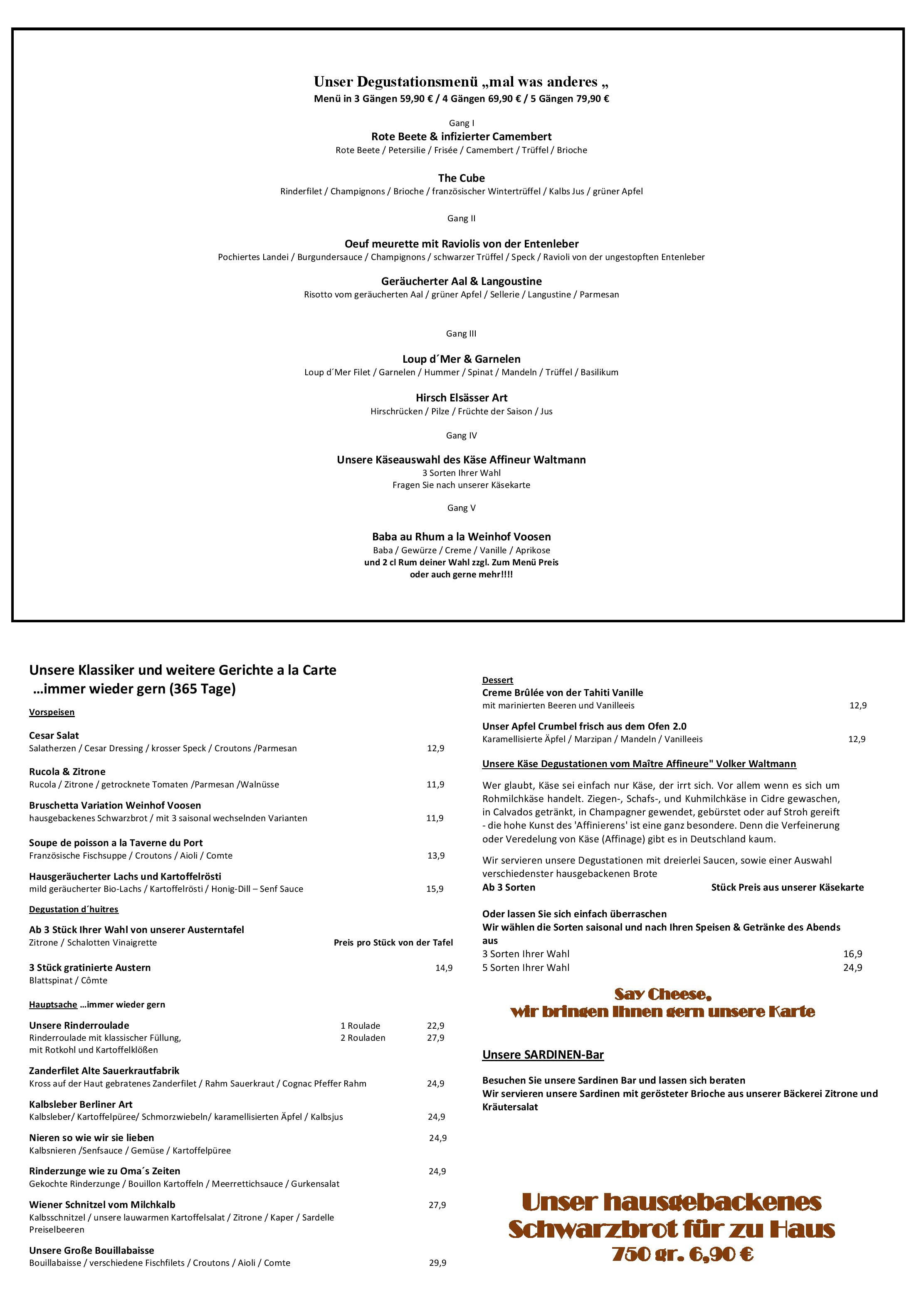 Speisekarte Weinhof Voosen Restaurant & Eventlocation in Mönchengladbach, Seite 1
