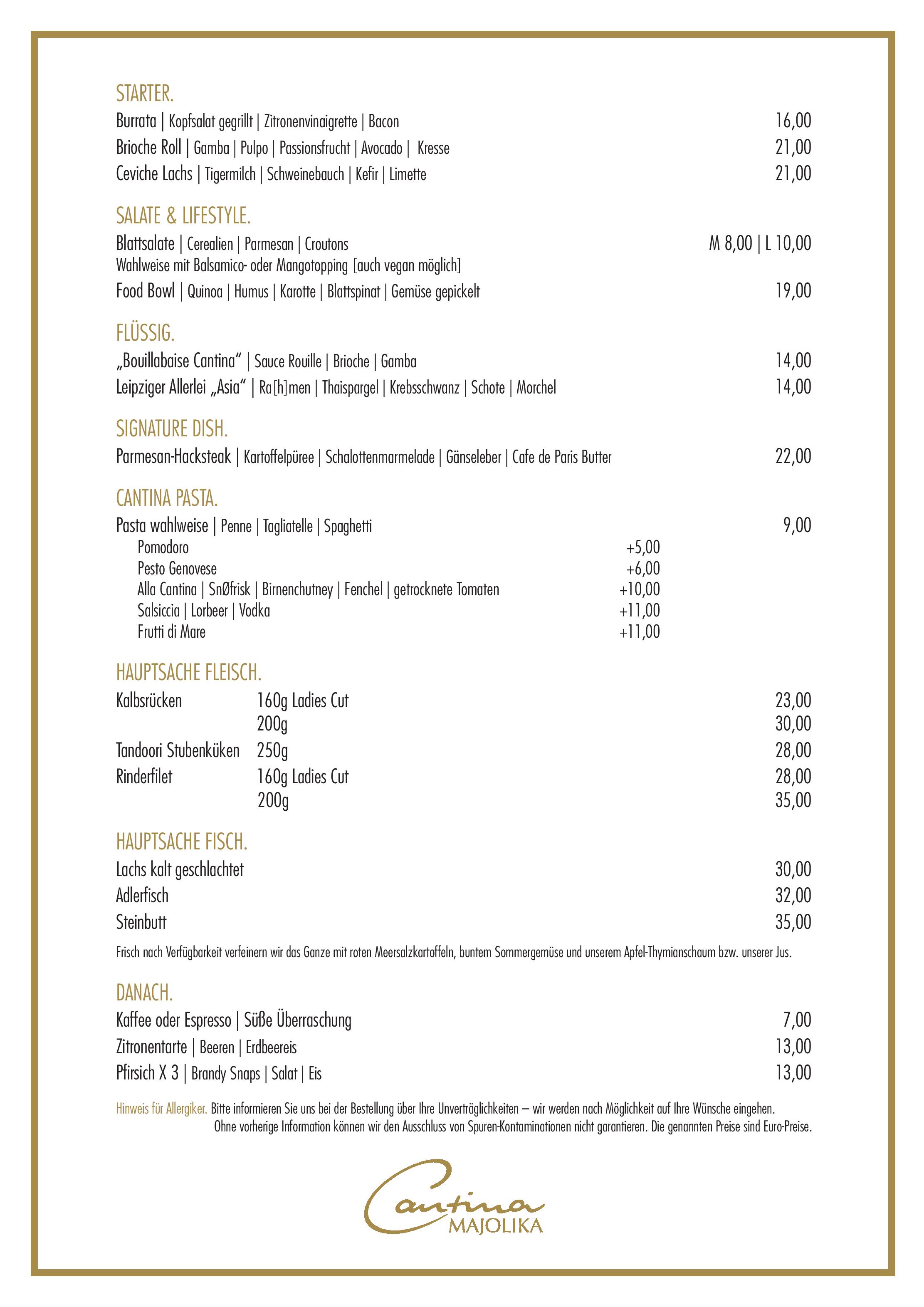 Speisekarte Cantina Majolika in Karlsruhe, Seite 1