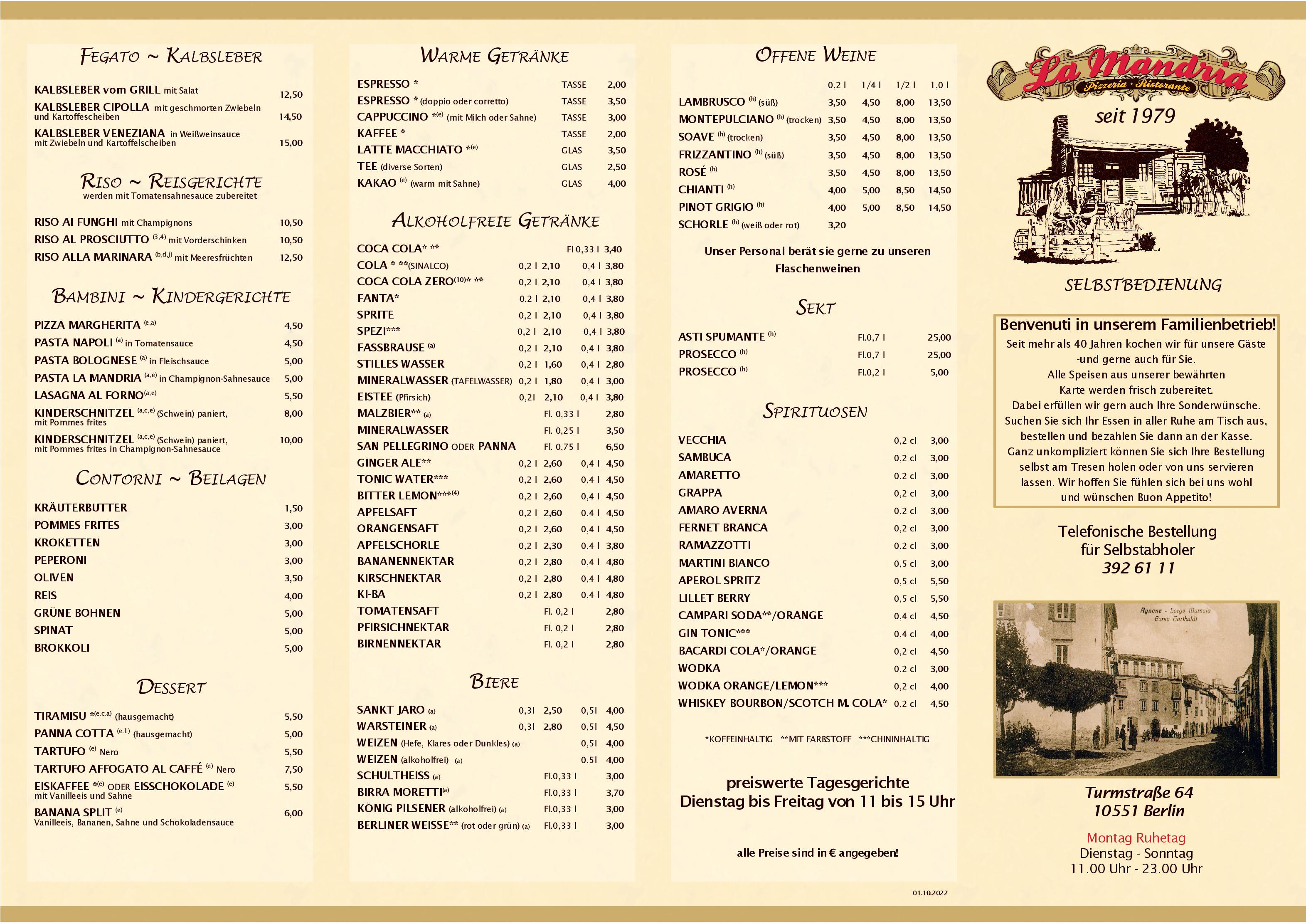 Speisekarte Pizzeria La Mandria in Berlin, Seite 1
