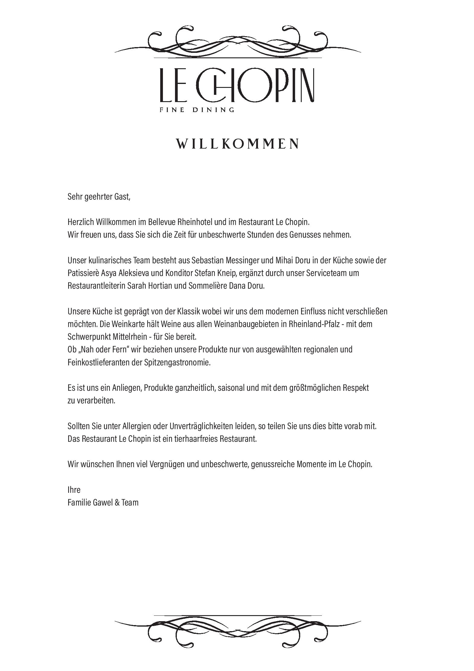Speisekarte Le Chopin im Bellevue Rheinhotel in Boppard, Seite 1