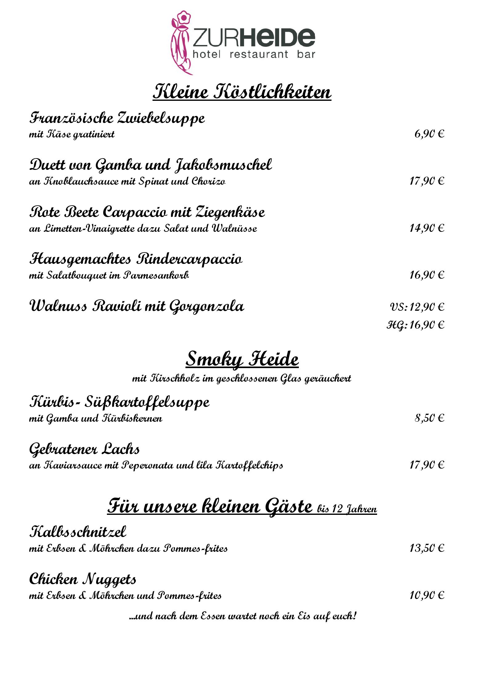 Speisekarte Hotel Restaurant Zur Heide in Aachen, Seite 1