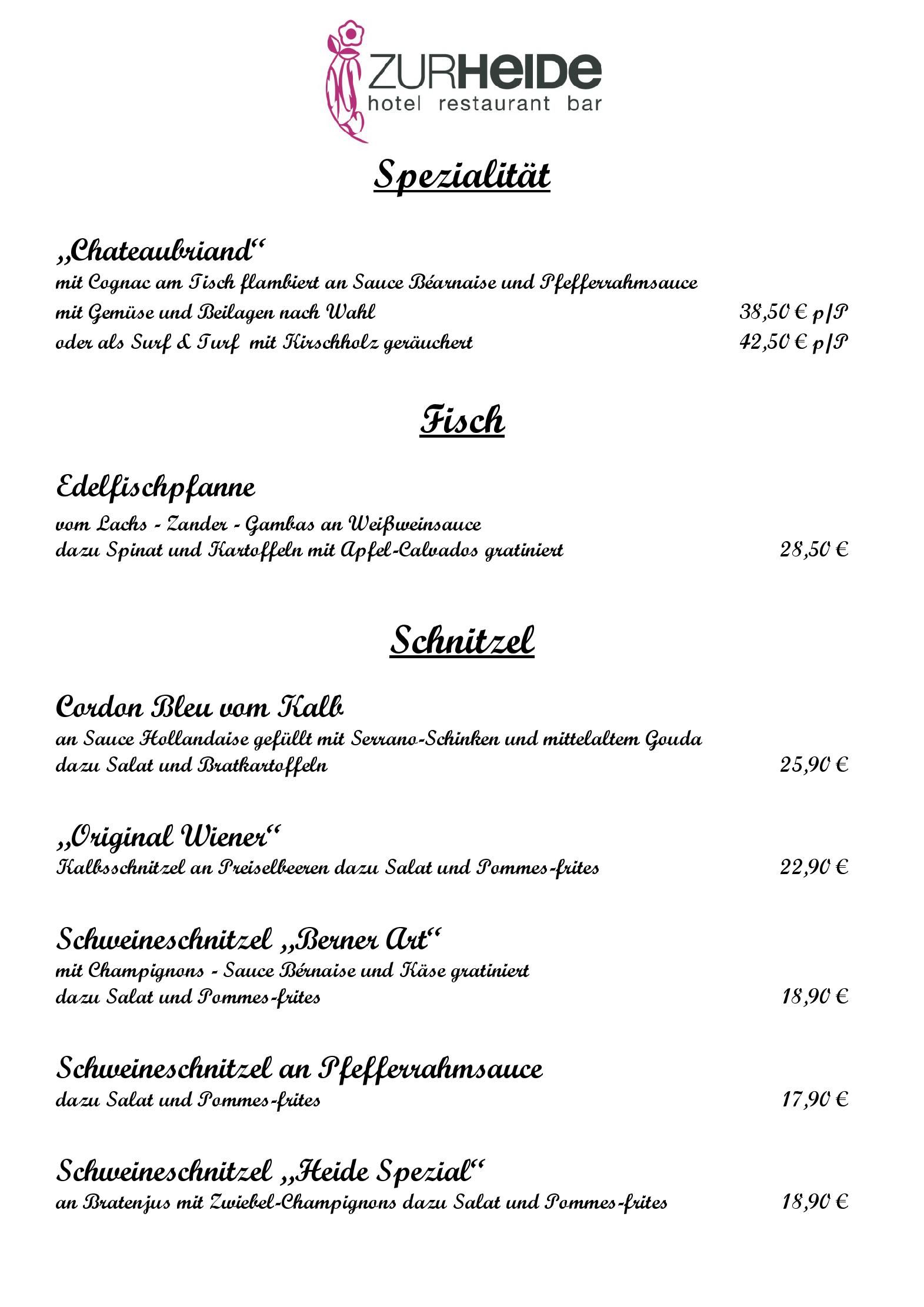 Speisekarte Hotel Restaurant Zur Heide in Aachen, Seite 2