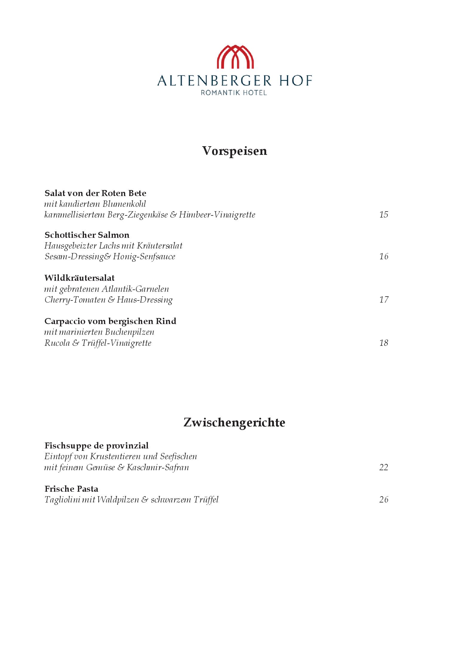 Speisekarte Restaurant St. Markus im Altenberger Hof in Odenthal, Seite 1