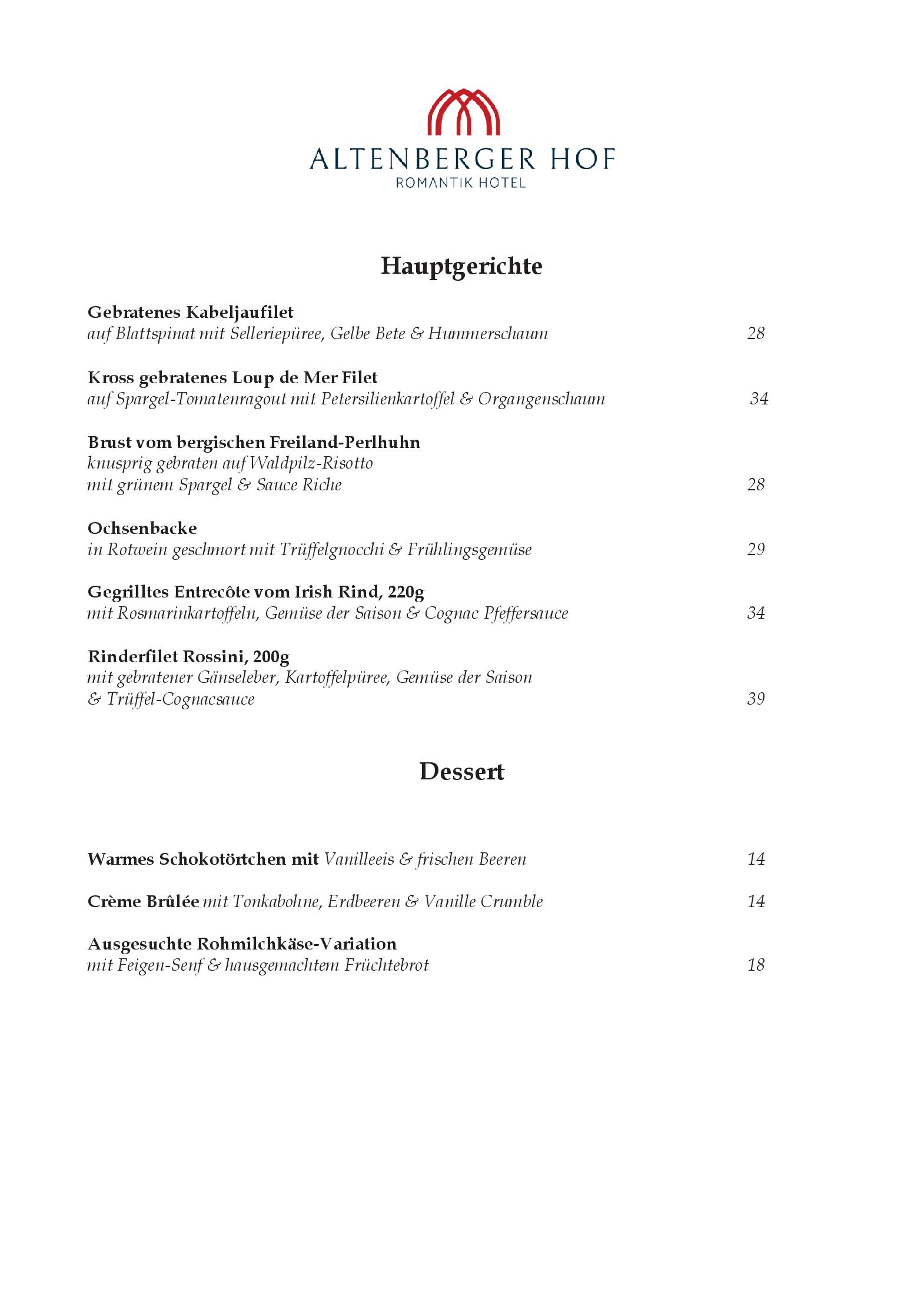 Speisekarte Restaurant St. Markus im Altenberger Hof in Odenthal, Seite 2