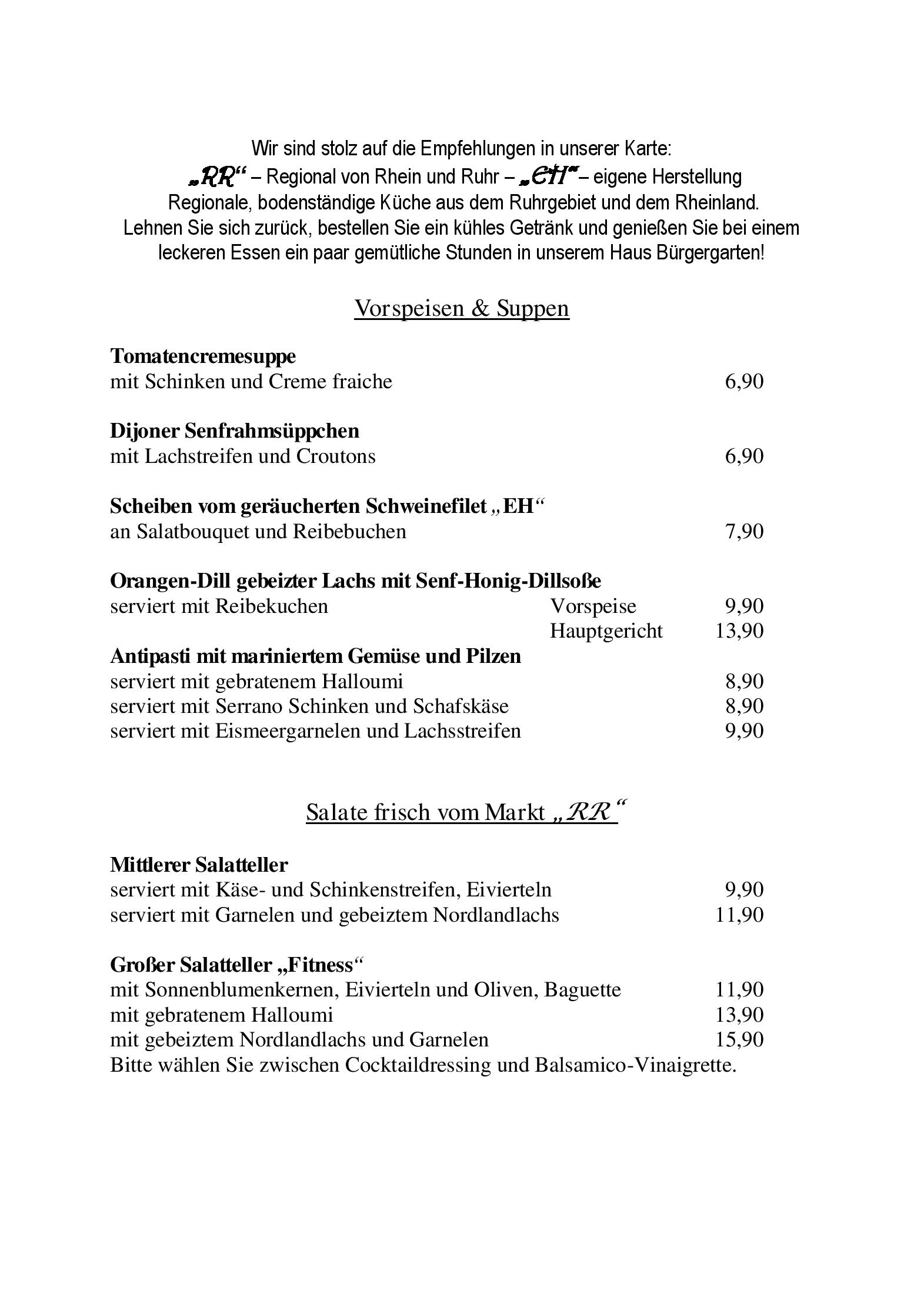 Speisekarte Restaurant Bürgergarten in Mülheim an der Ruhr, Seite 1