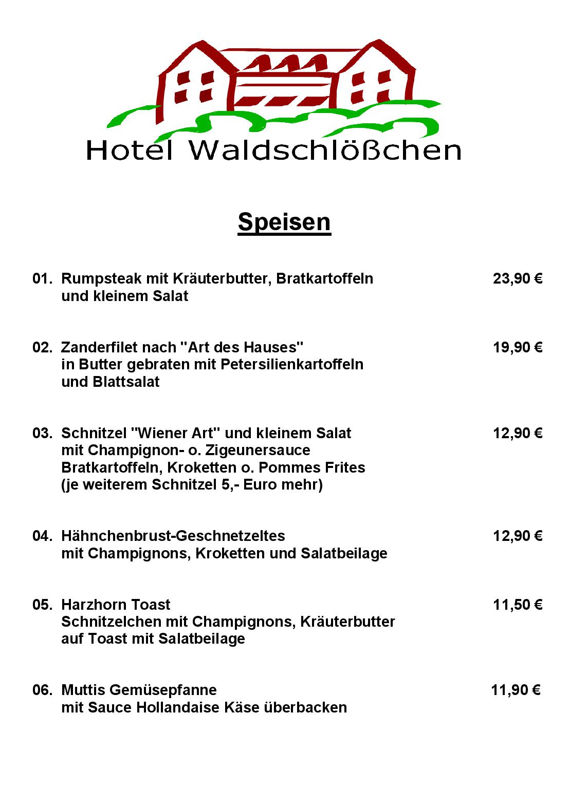 Speisekarte Kurhotel Waldschlößchen in Bad Gandersheim, Seite 1