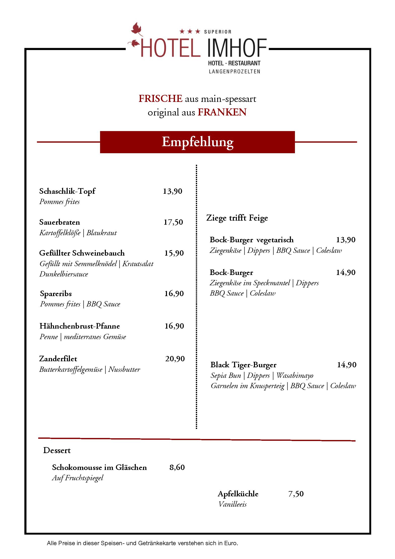 Speisekarte Hotel Imhof | Zum letzten Hieb  in Gemünden am Main, Seite 6
