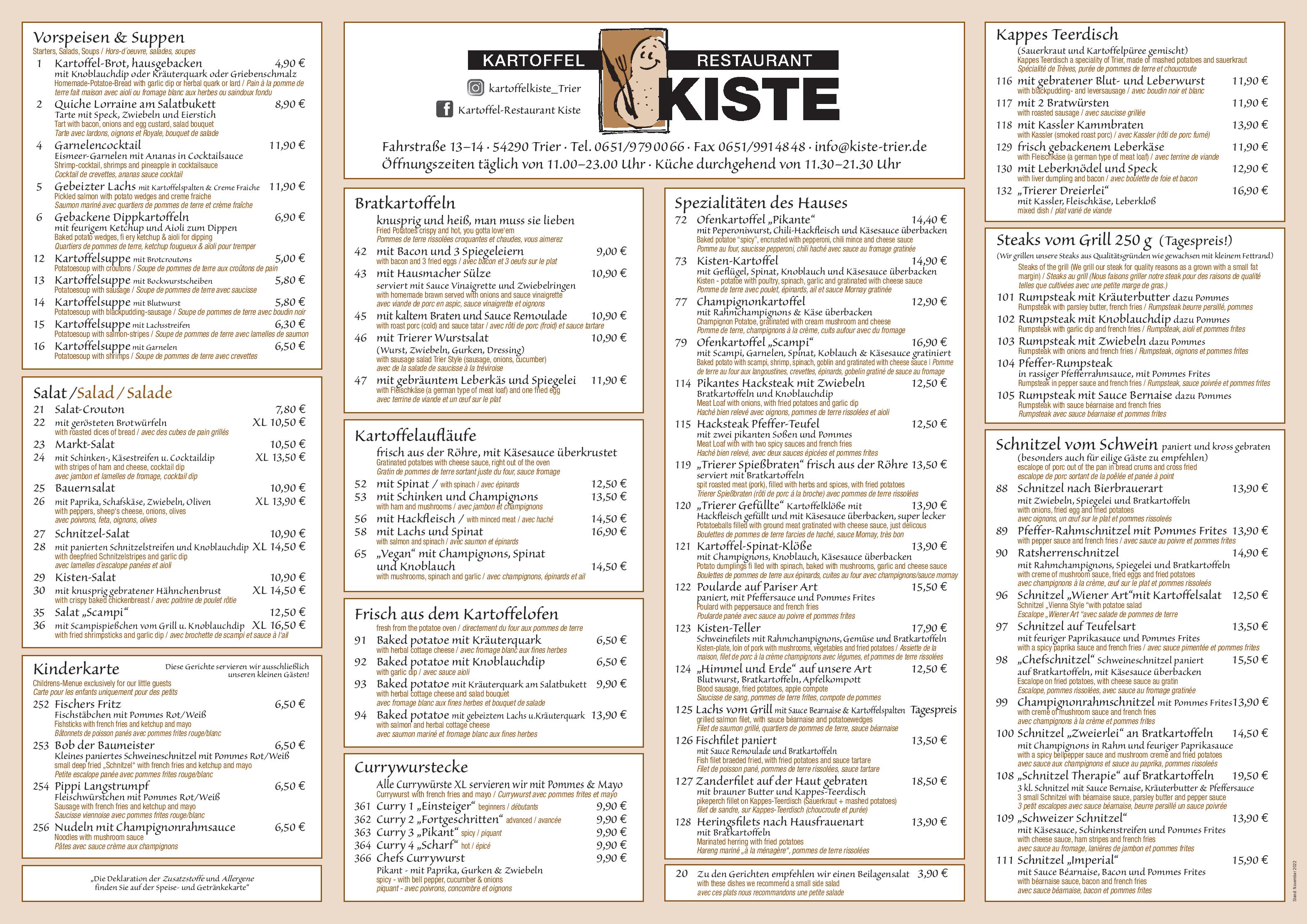 Speisekarte Kartoffelrestaurant Kiste in Trier, Seite 1
