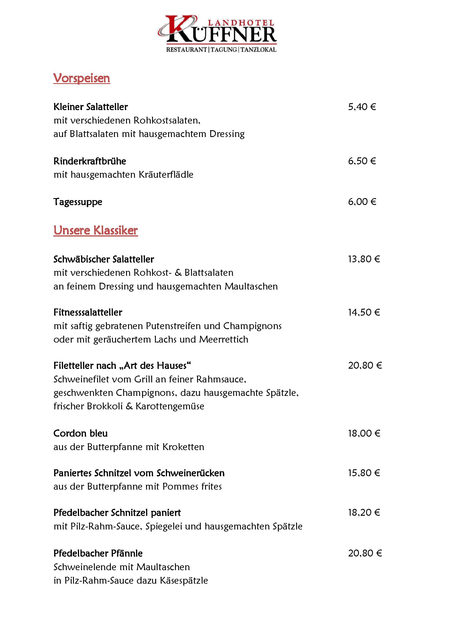 Speisekarte Restaurant im Landhotel Küffner in Pfedelbach, Seite 1
