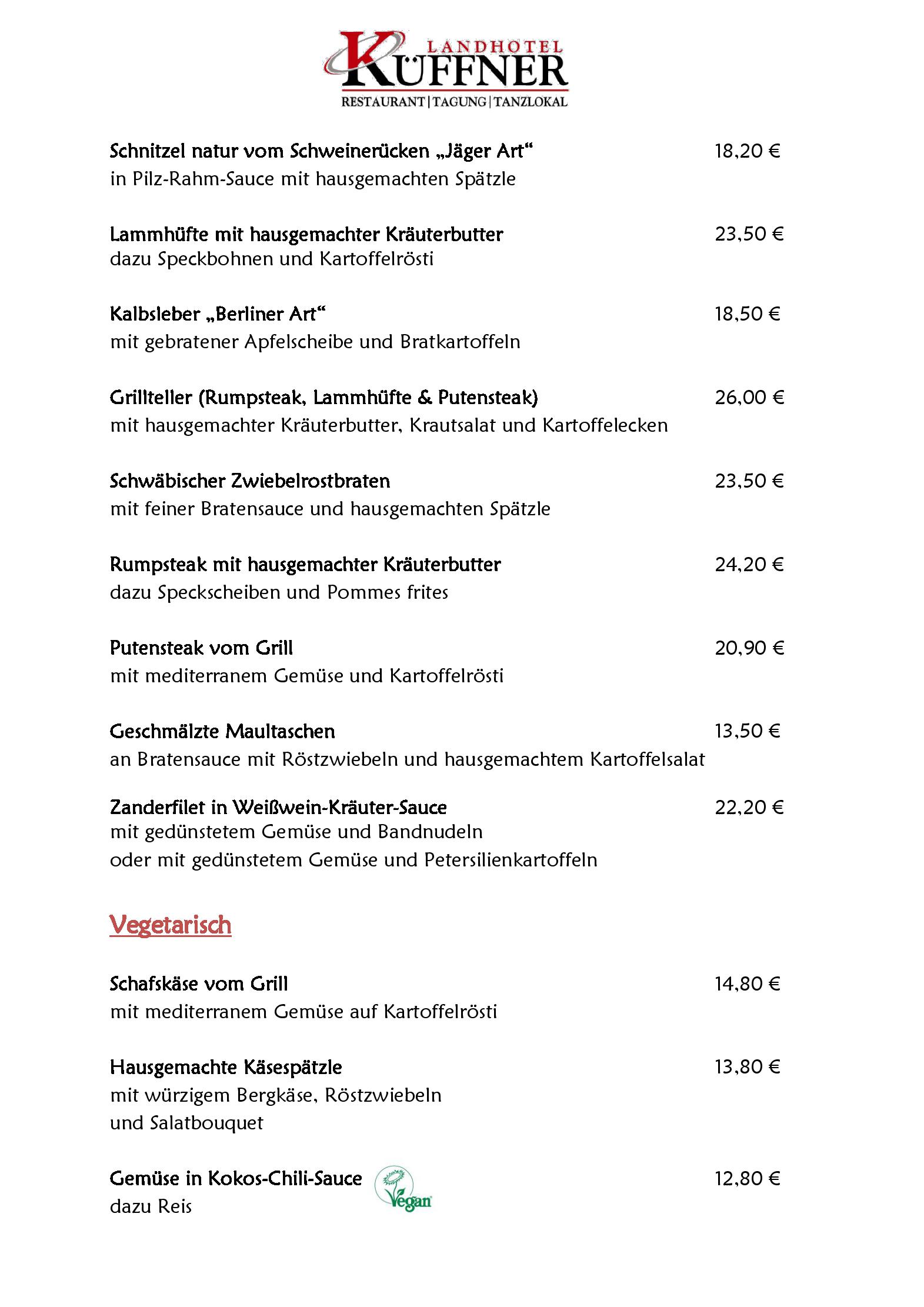 Speisekarte Restaurant im Landhotel Küffner in Pfedelbach, Seite 2
