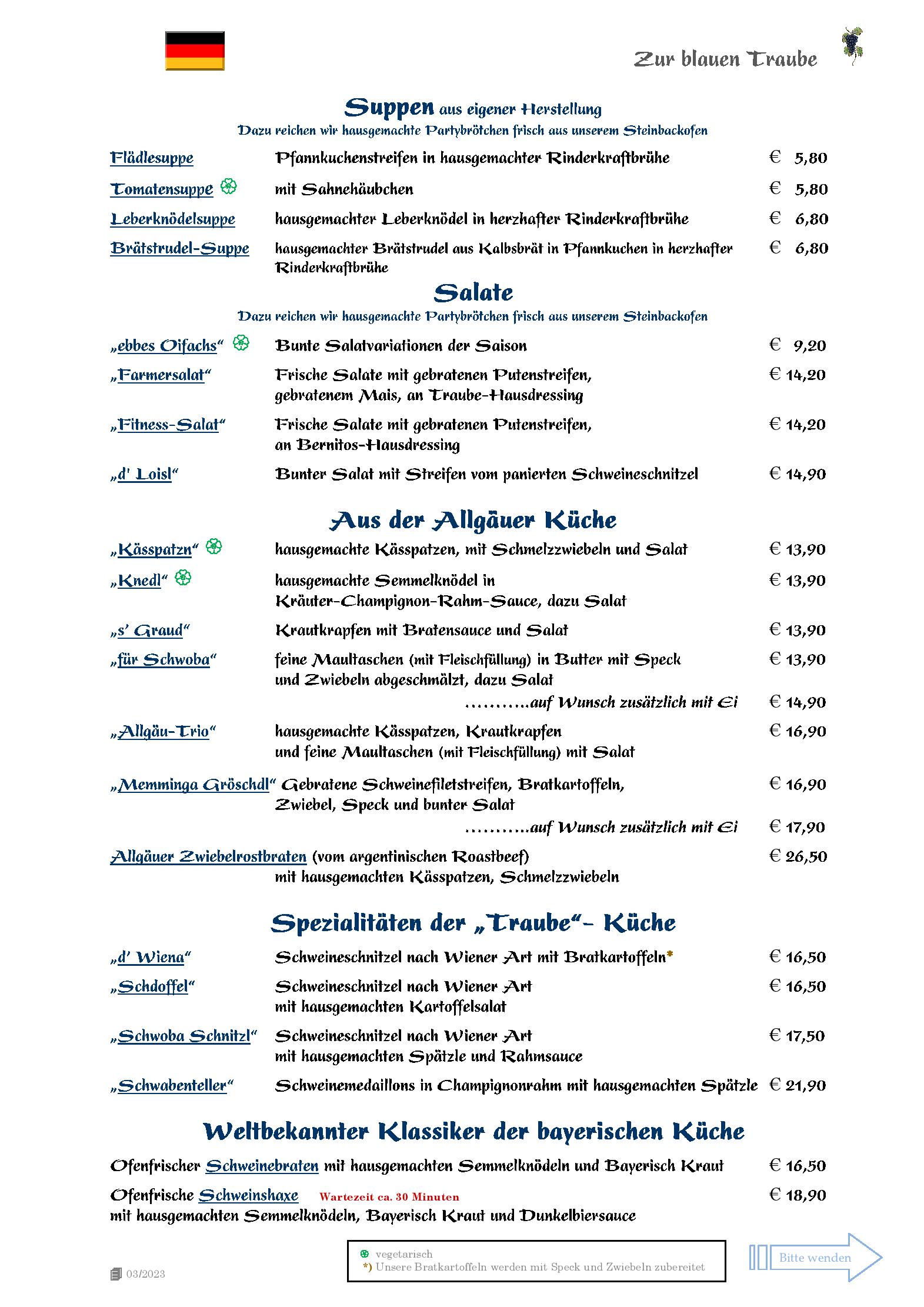 Speisekarte Zur blauen Traube in Memmingen, Seite 1