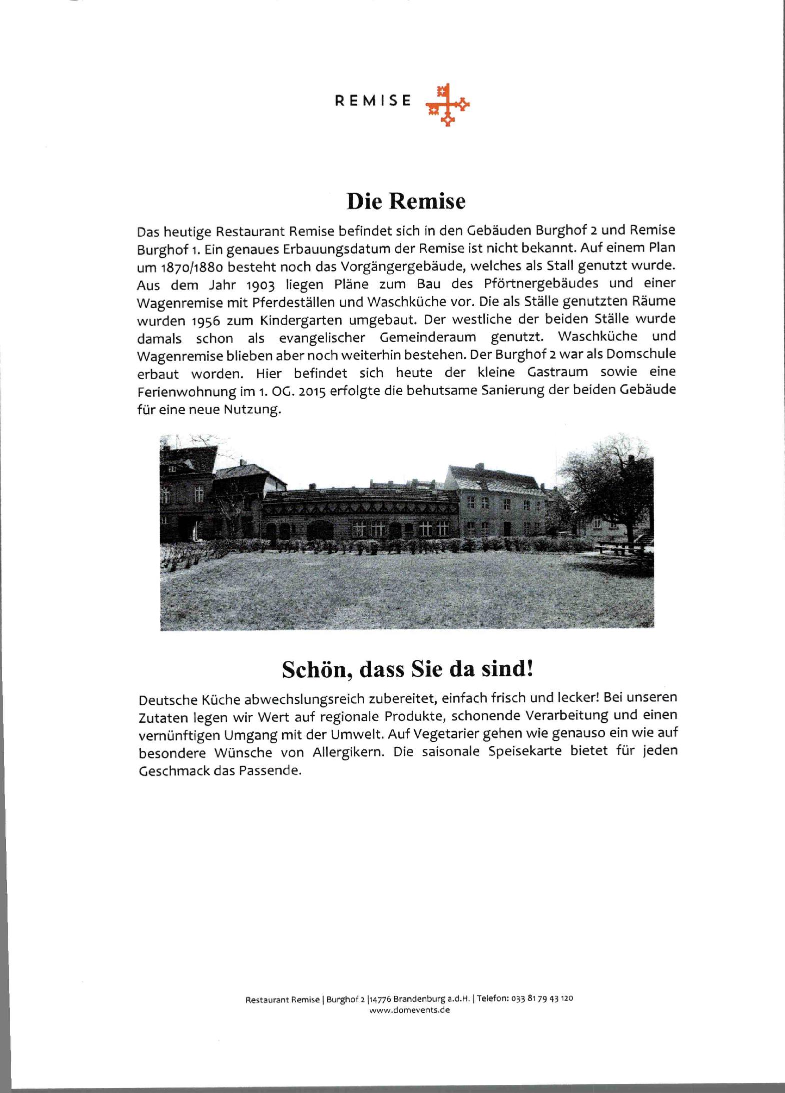 Speisekarte Restaurant Remise in Brandenburg an der Havel, Seite 1
