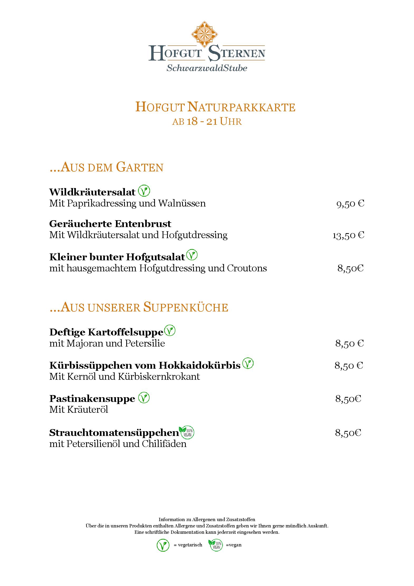 Speisekarte BEST WESTERN Hotel Hofgut Sternen in Breitnau, Seite 1