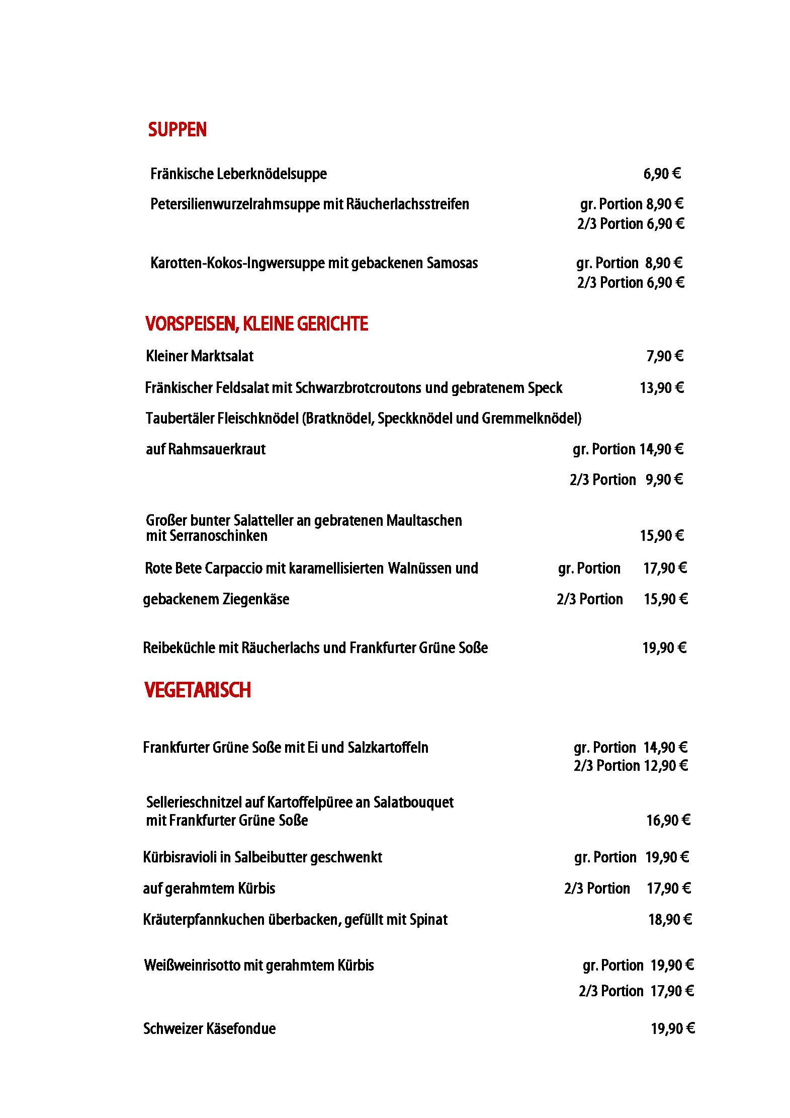 Speisekarte Hotel Schwan in Wertheim, Seite 1