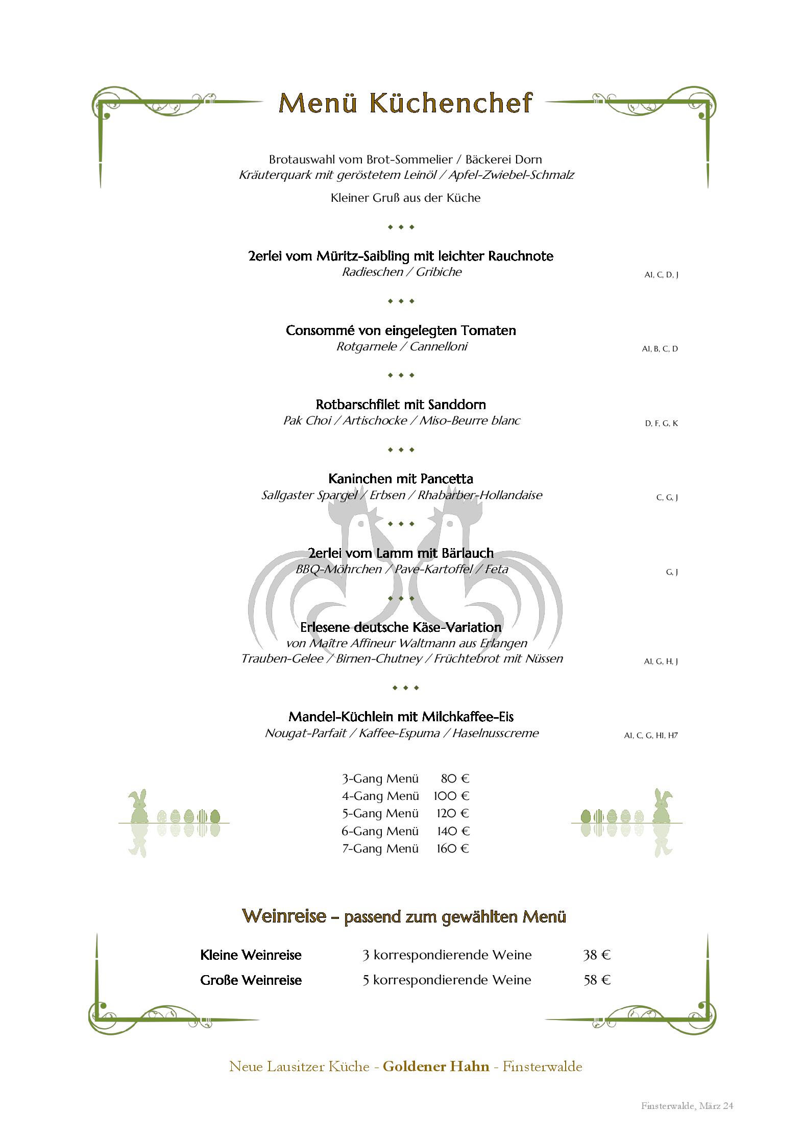 Speisekarte Goldener Hahn - Fine Dining Gasthof in Finsterwalde, Seite 1