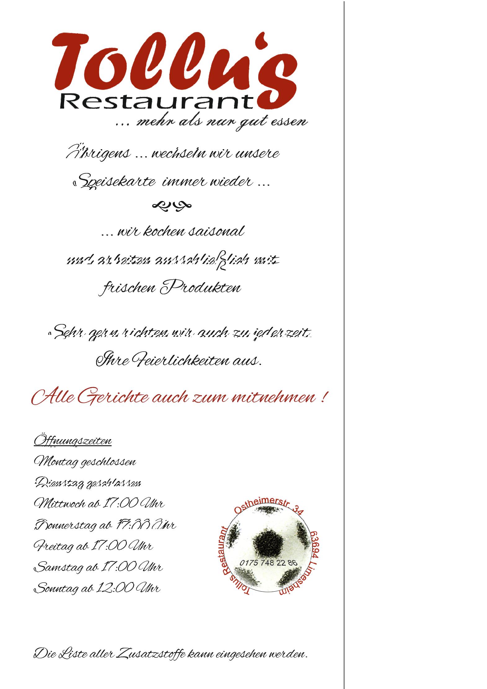 Speisekarte Tollus Restaurant in Limeshain, Seite 1