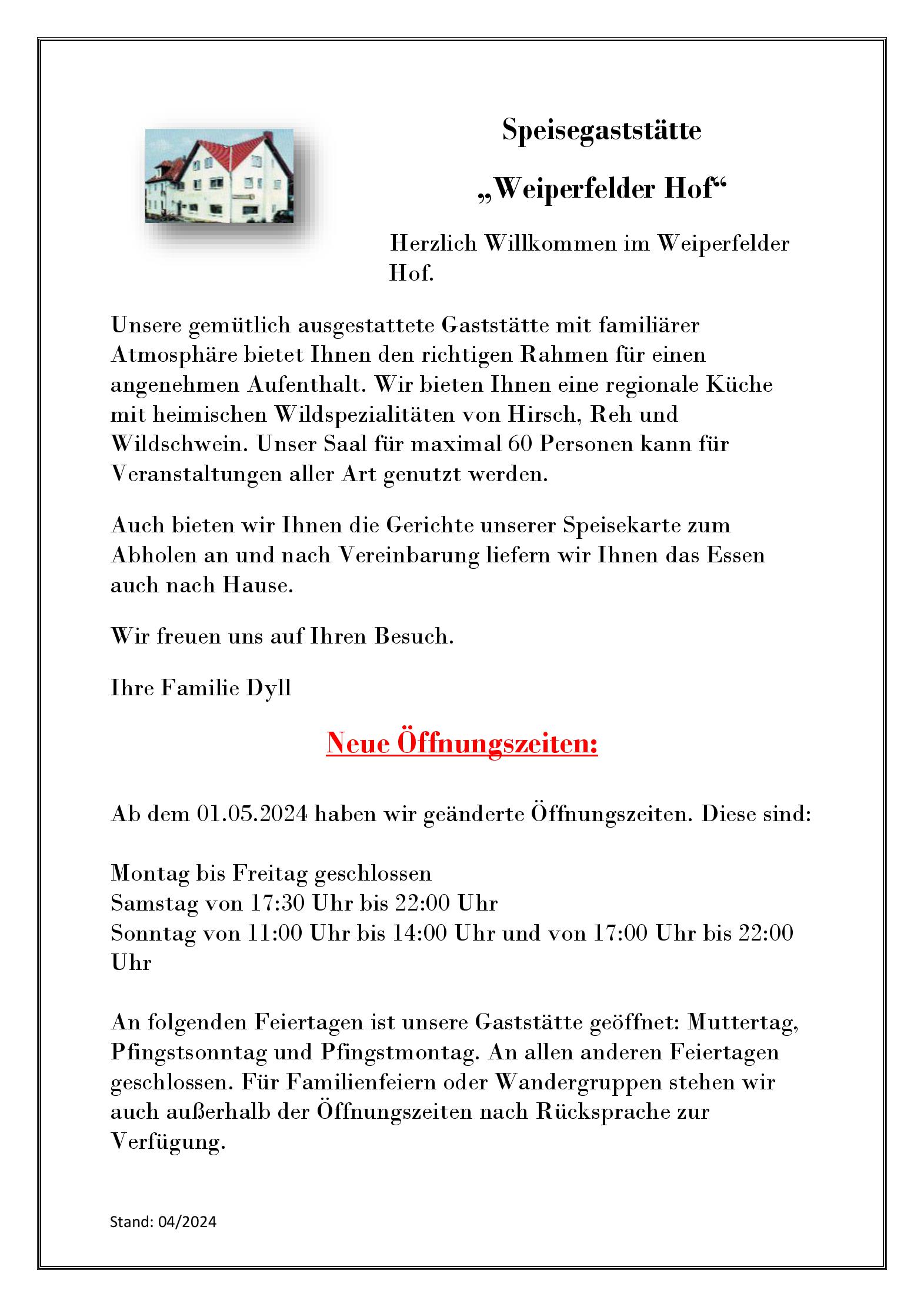 Speisekarte Weiperfelder Hof in Waldsolms, Seite 1