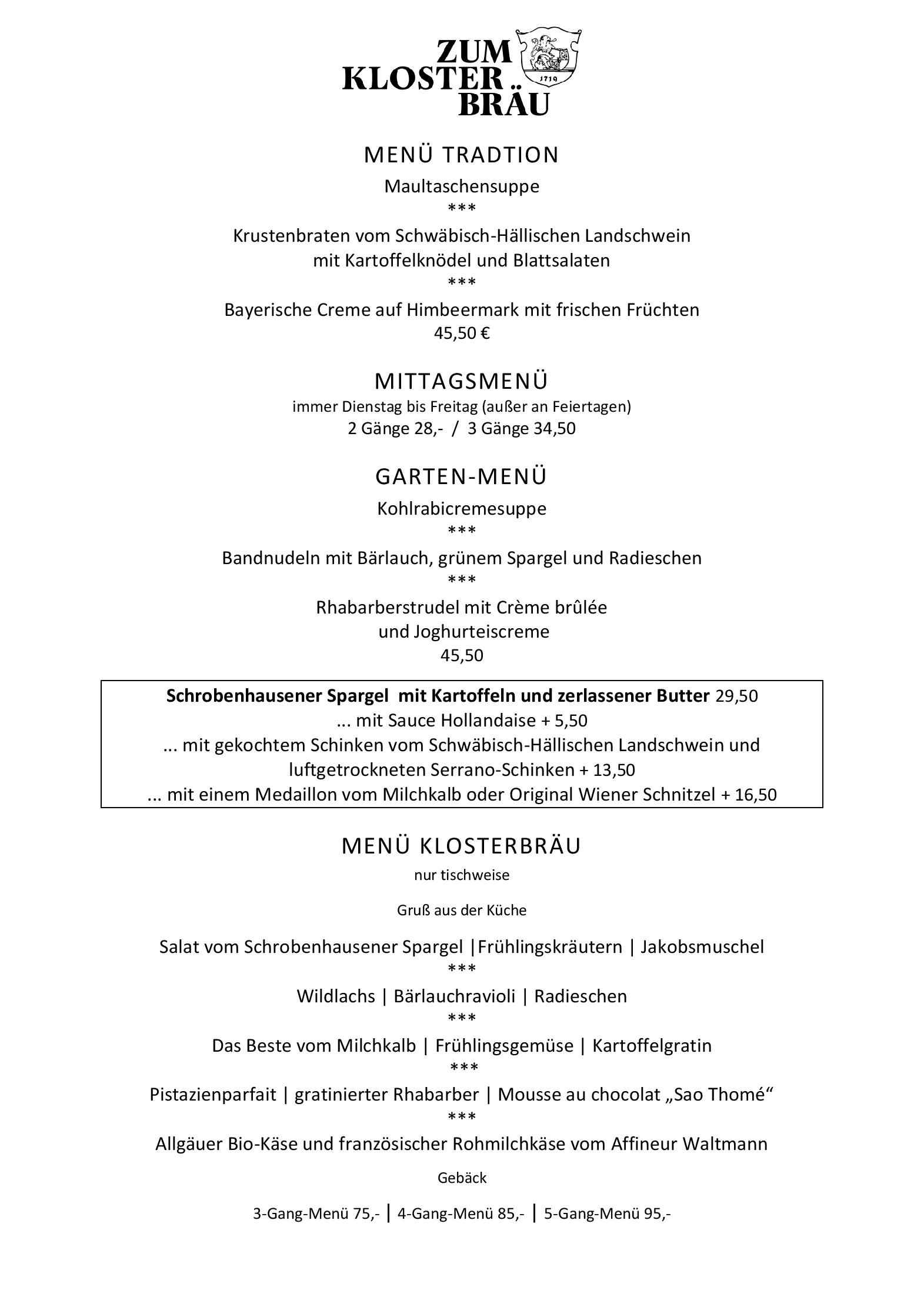 Speisekarte Zum Klosterbräu in Neuburg an der Donau, Seite 1