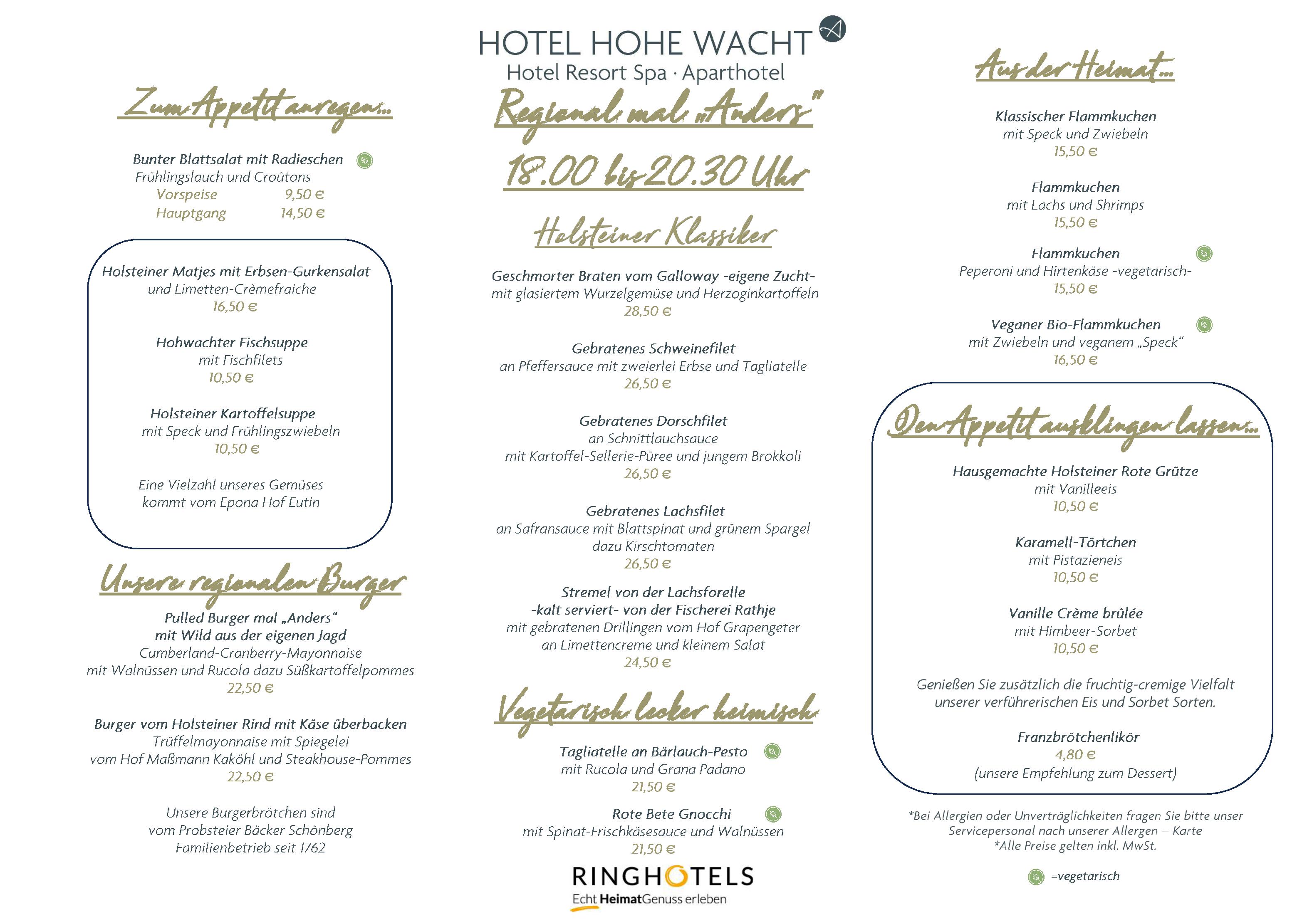 Speisekarte Ringhotel Resort und Spa 'Hohe Wacht - Park- Restaurant' in Hohwacht, Seite 1