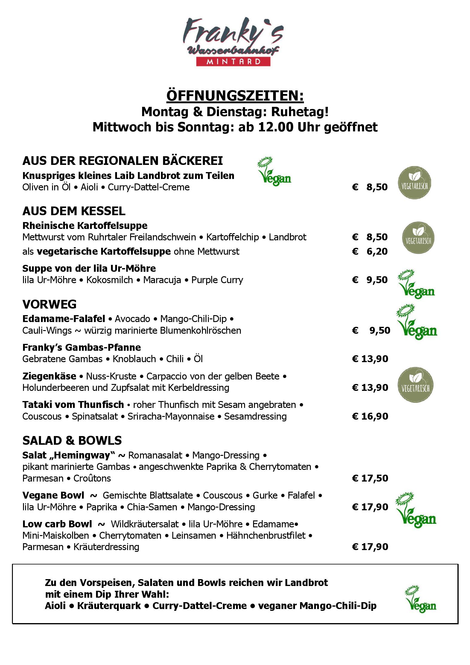 Speisekarte Franky´s Wasserbahnhof Mintard in Mülheim an der Ruhr, Seite 1