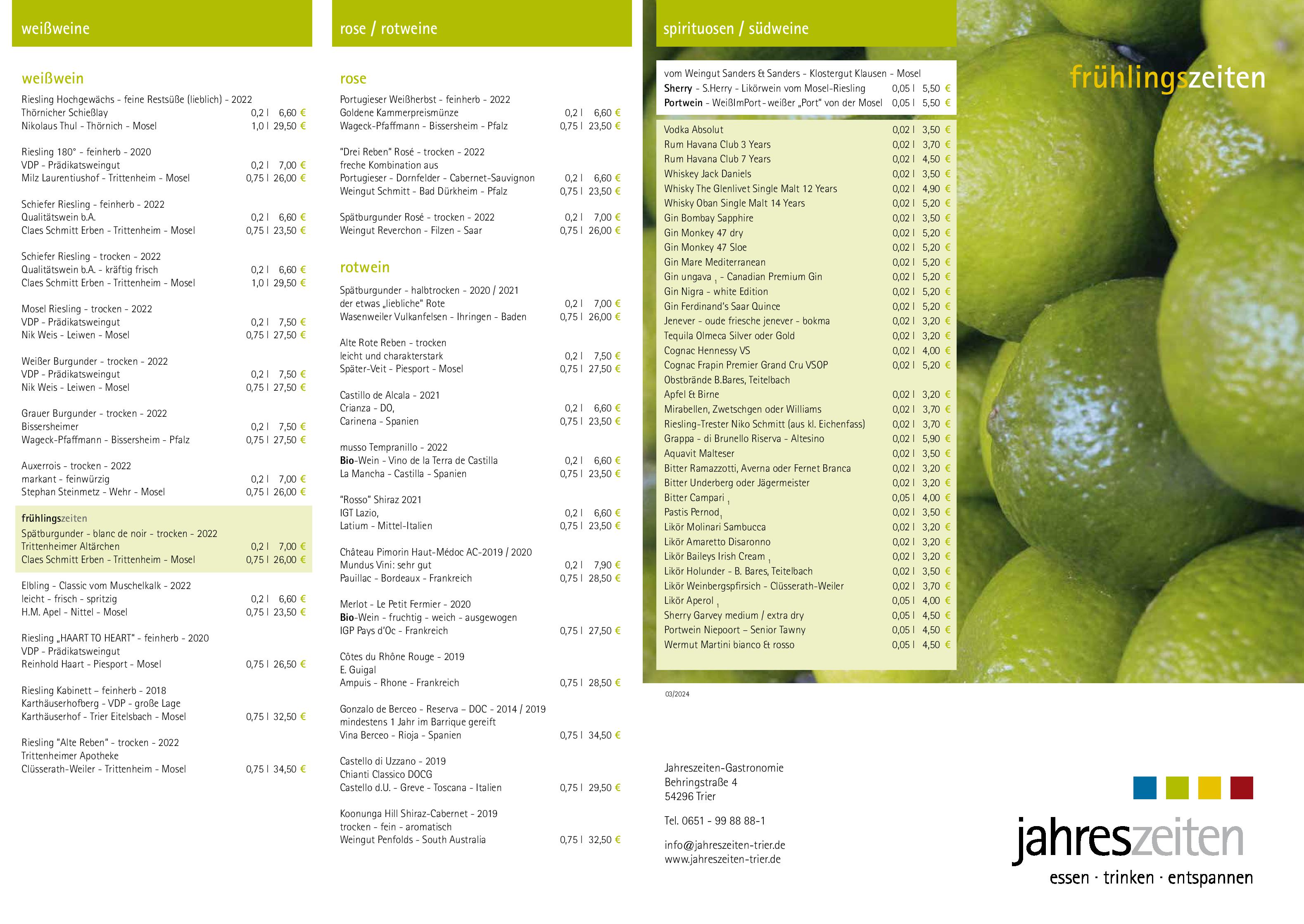 Speisekarte Jahreszeiten in Trier, Seite 1